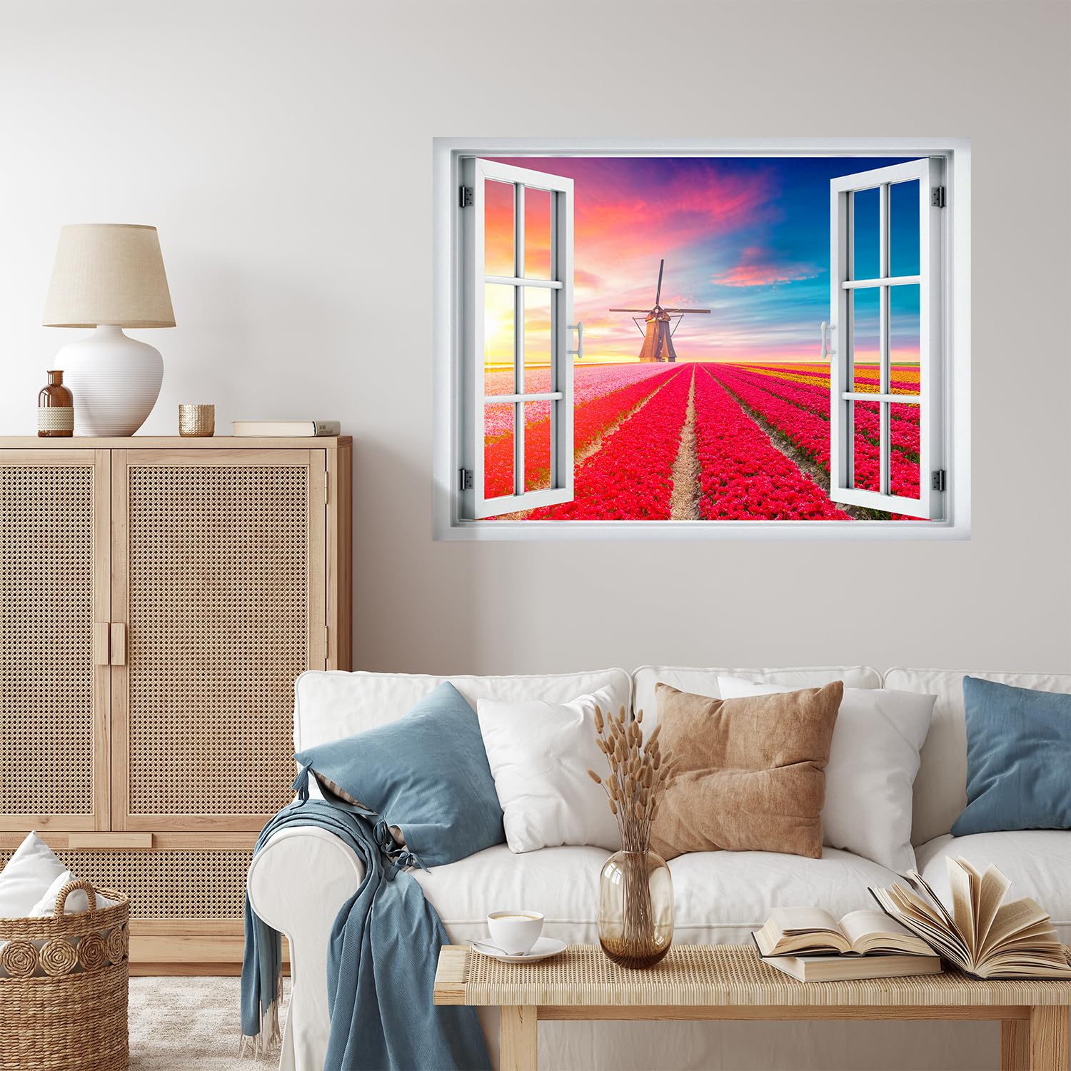 Wall26 Removable Wall Sticker - Vibrant Sunset Dutch Windmill & Flower Field Landscape Mural (24