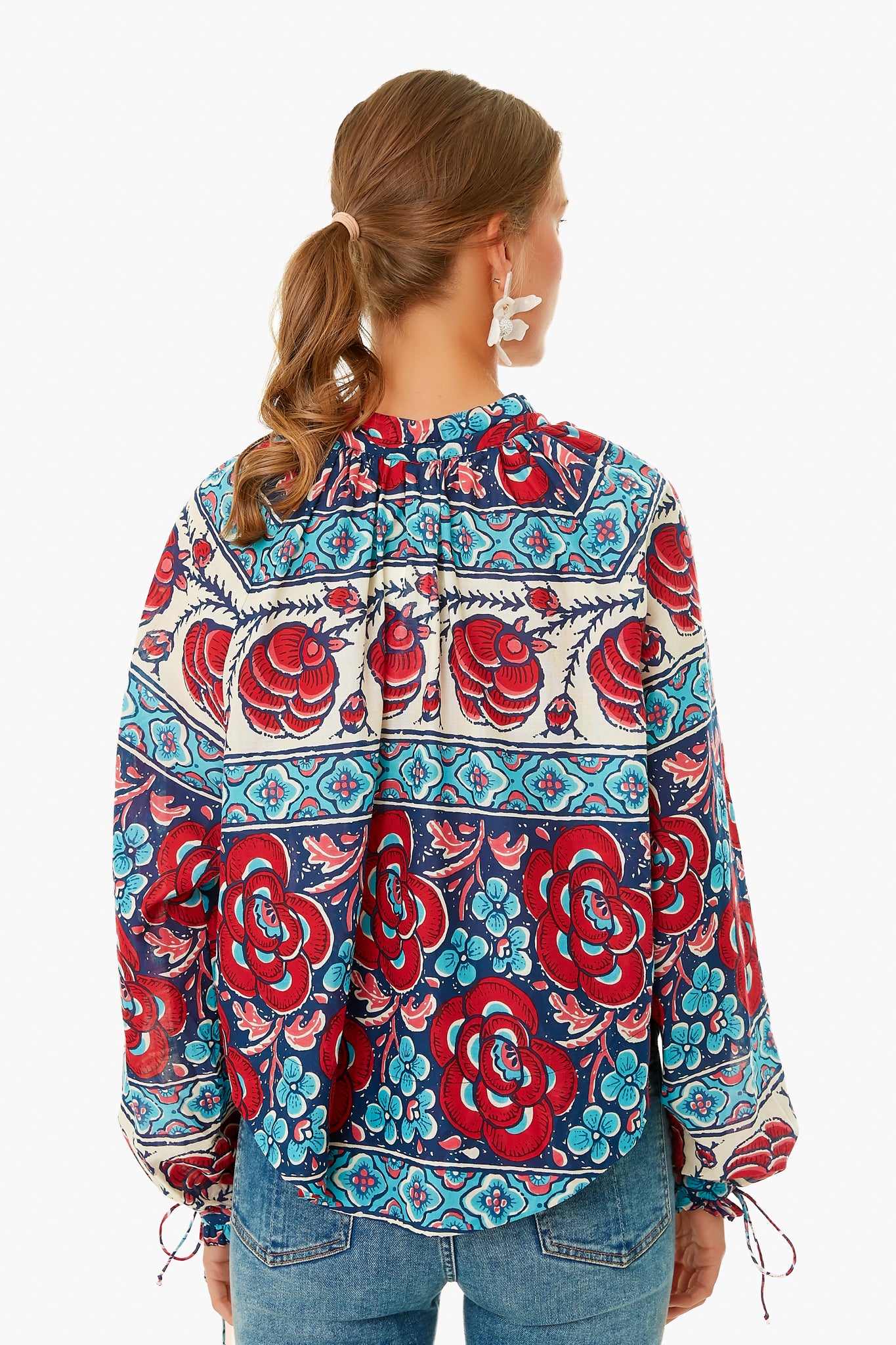 Blue Multi Floral Tie Sleeve Blouse for Women | Elegant Floral Print Tunic Top | Perfect for Office, Date Night & Spring Outfits