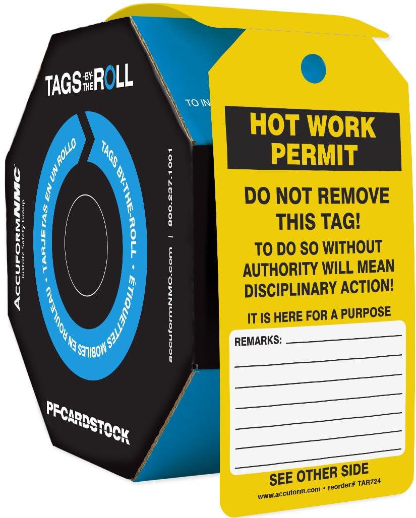 Accuform NMC 250 Hot Work Permit & Inspection Tags - OSHA Compliant, Waterproof PF-Cardstock, Tear Resistant (6.25