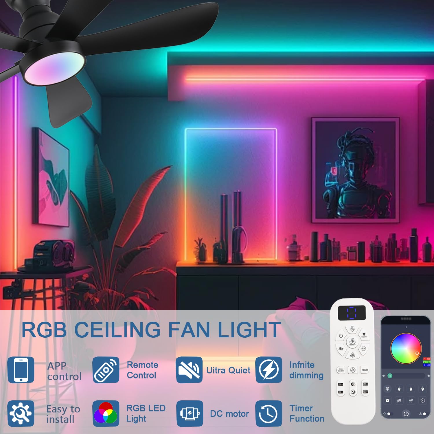 42 Inch Black Ceiling Fan with LED Light & Remote/App Control - Flush Mount Smart Fan with RGB Dimmable Lighting, Ultra Quiet Modern Design for Bedroom, Living Room, Indoor/Outdoor Use - Perfect for Home, Office, and Patio Cooling