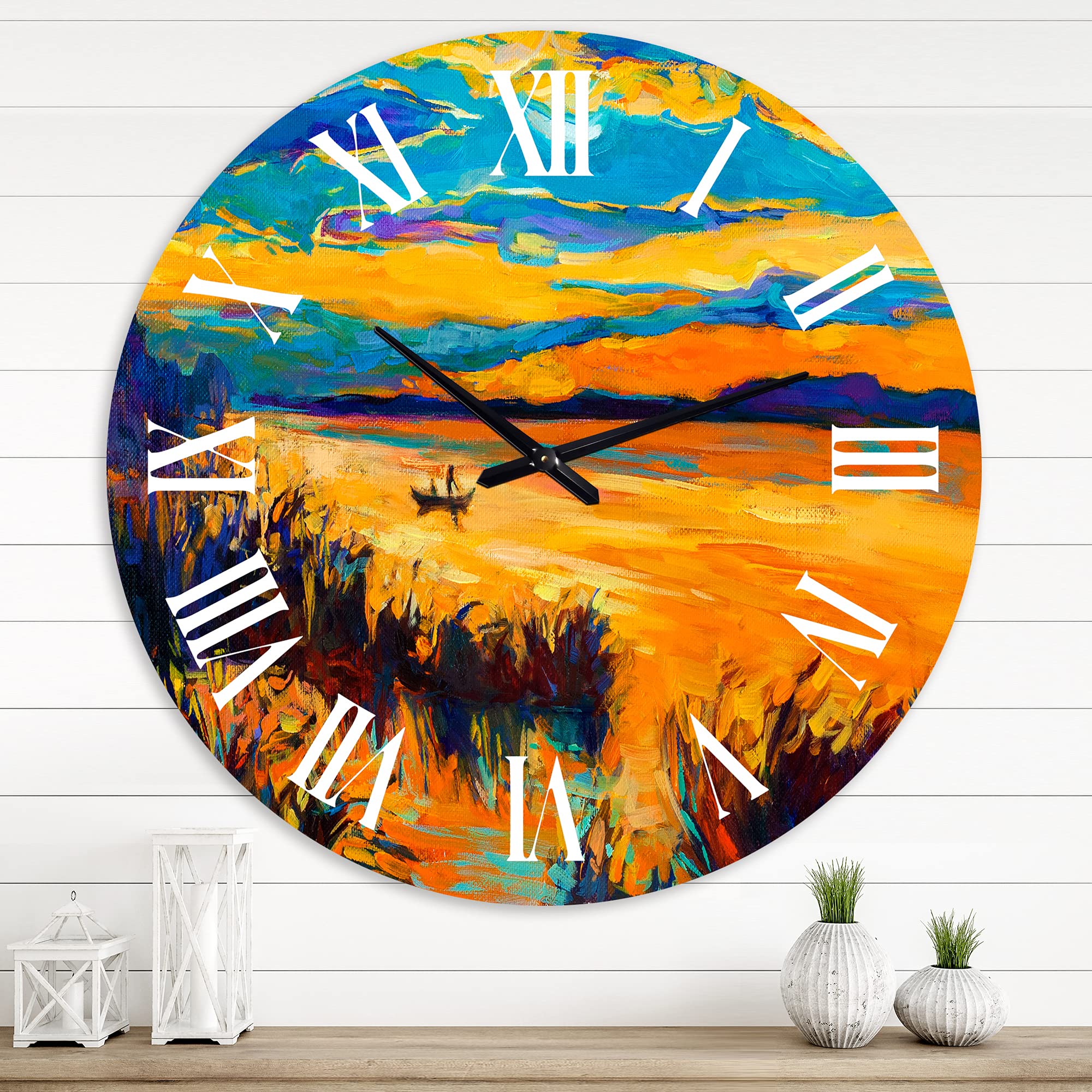 Nautical Coastal Wall Clock - 'Little Boat at Sunset on Lake' Orange Round Clock for Living Room, Kitchen, Office Decor - Perfect for Beach House, Cottage & Coastal Themed Interiors