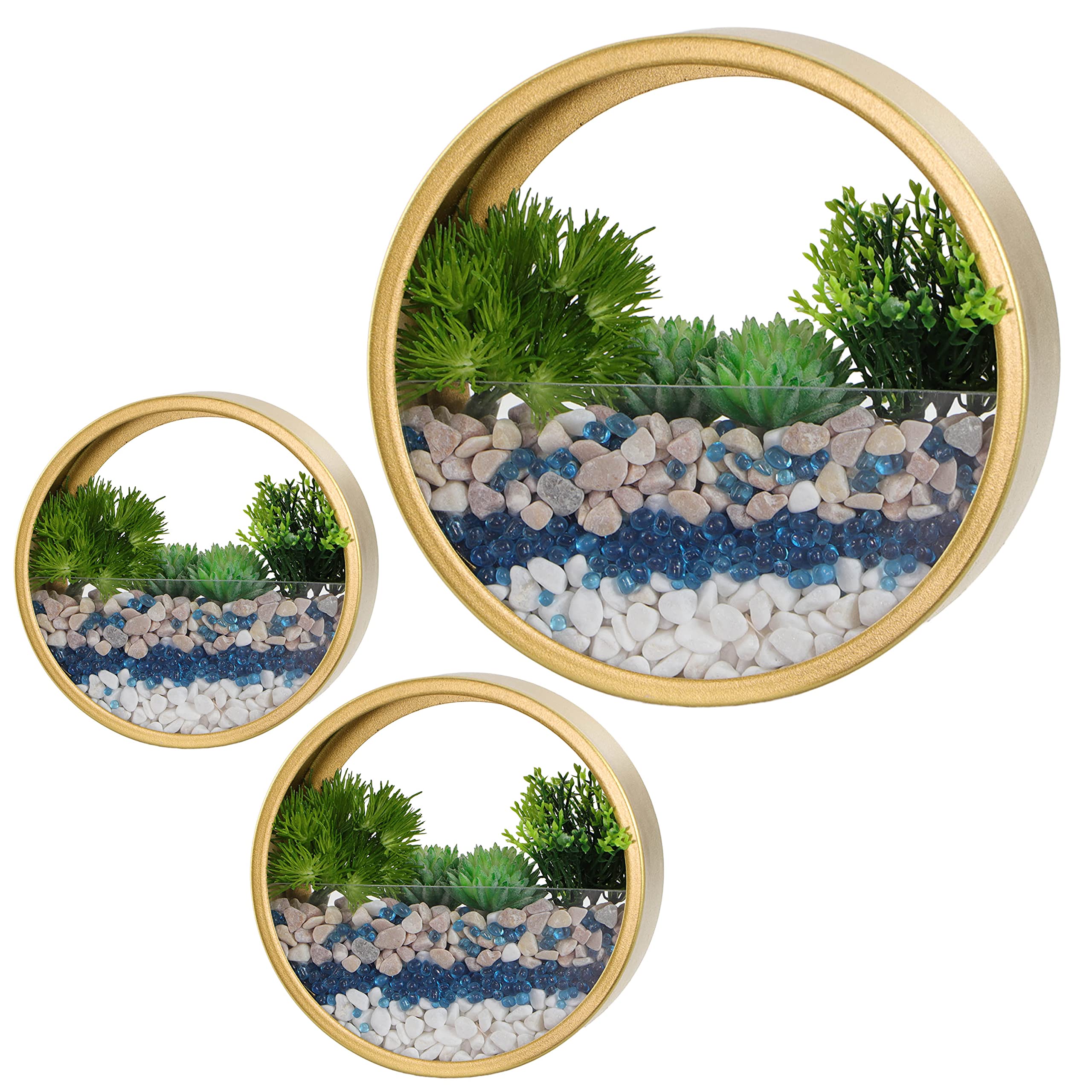 3-Pack Round Metal Glass Wall Hanging Planters - Gold Indoor/Outdoor Wall Planter Pots for Home, Office & Garden Decor