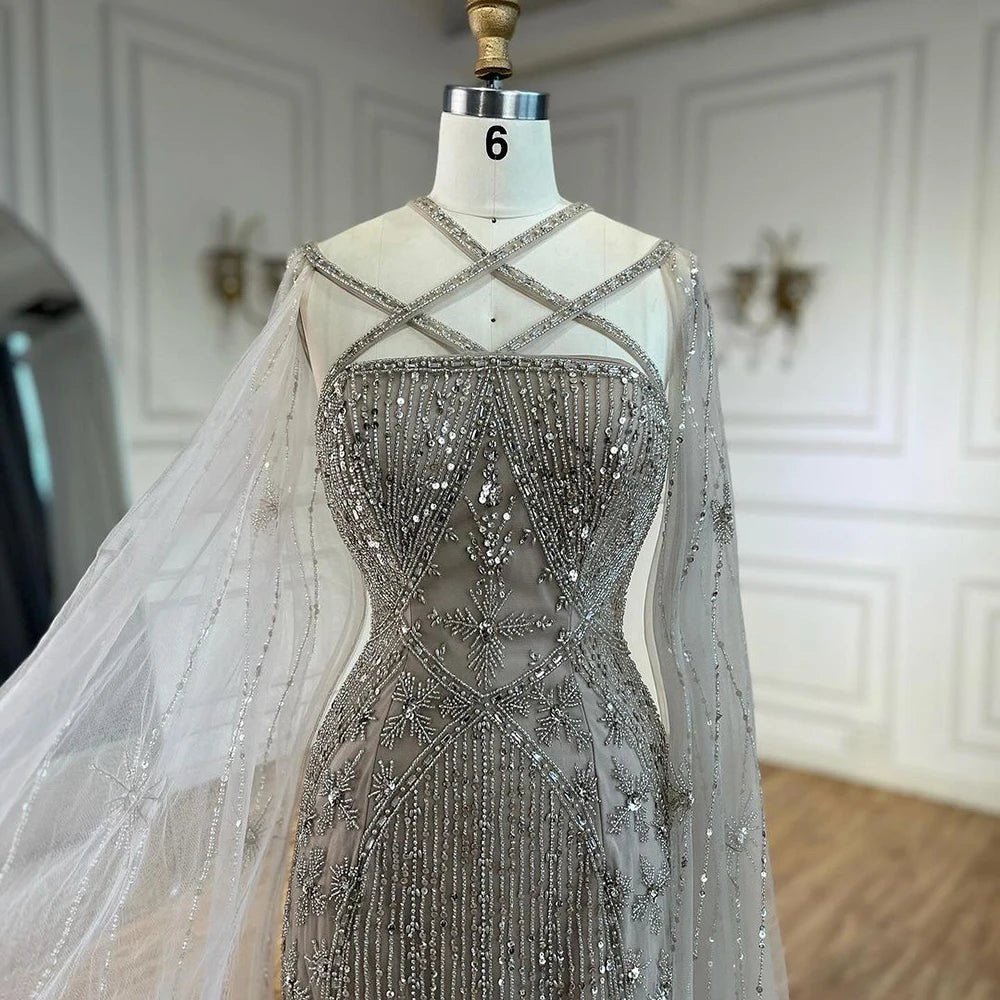 Elegant Beaded Mermaid Evening Gown with Cape Sleeves for Women - Luxury Dubai Wedding Party Dress 2025 | Perfect for Red Carpet Events, Galas & Formal Occasions - Serene Hill Caramel LA71905B