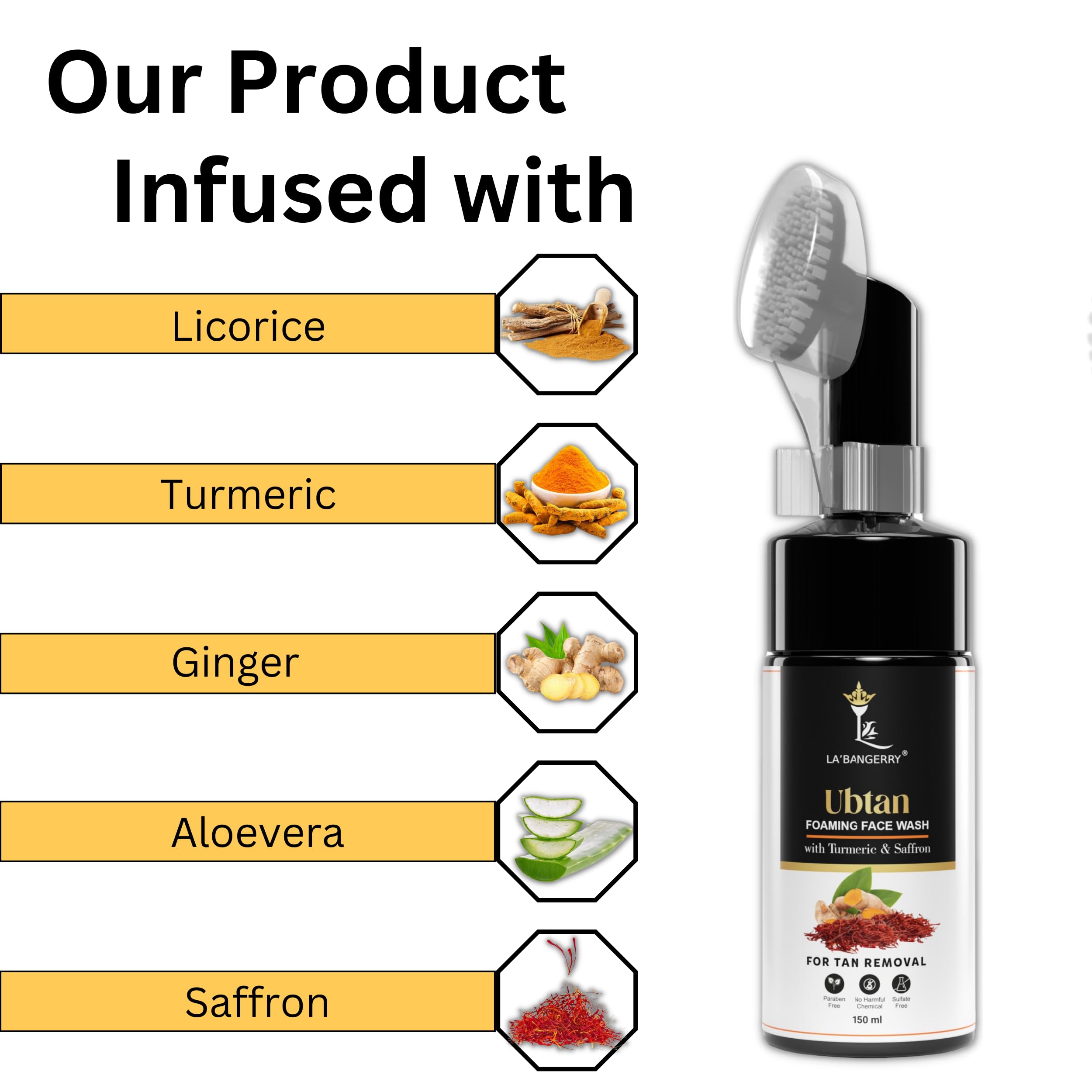 LA'BANGERRY Turmeric & Saffron Face Wash for Acne & Tan Removal - Brightening & Glowing Skin Care (150ml) | Natural Ubtan Cleanser for Men & Women | Perfect for Daily Skincare Routine & Sun-Damaged Skin Repair