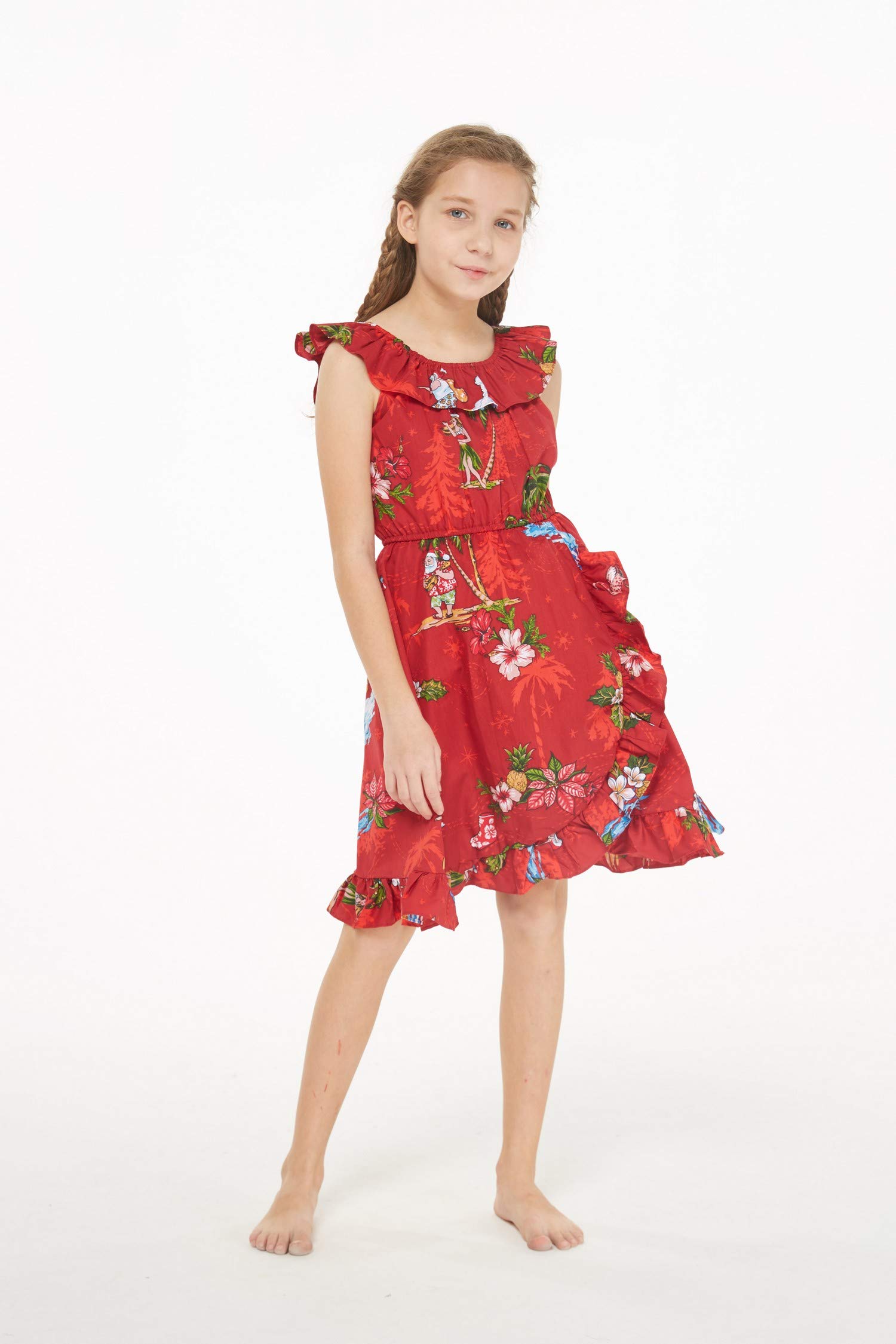Girl's Luau Wrap Ruffle Dress - Christmas Santa in Hawaii Red - Perfect for Holiday Parties & Tropical Vacations