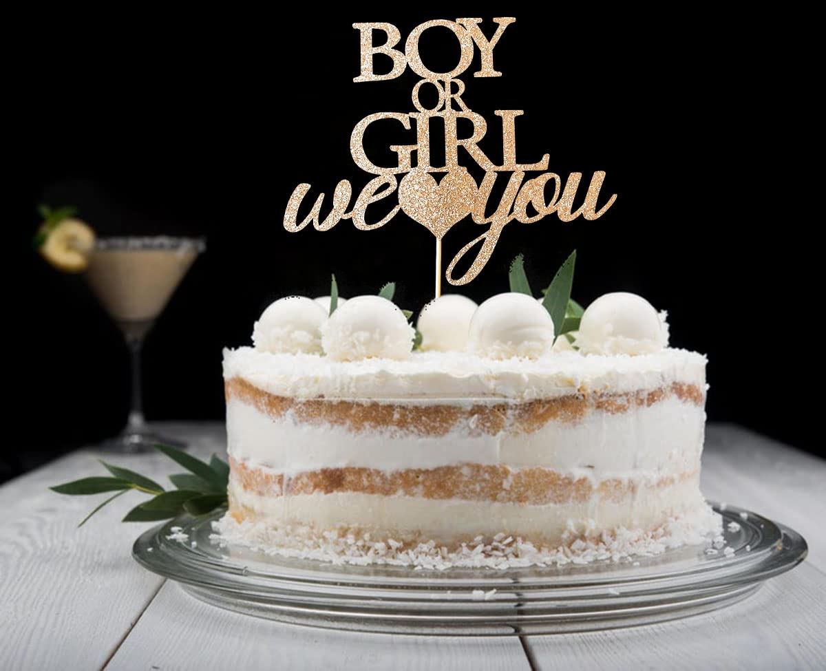 Gender Reveal Cake Topper - Rose Gold Glitter He or She Baby Shower Decorations for Boy or Girl - Perfect for Gender Reveal Parties, Baby Showers & Birthday Celebrations