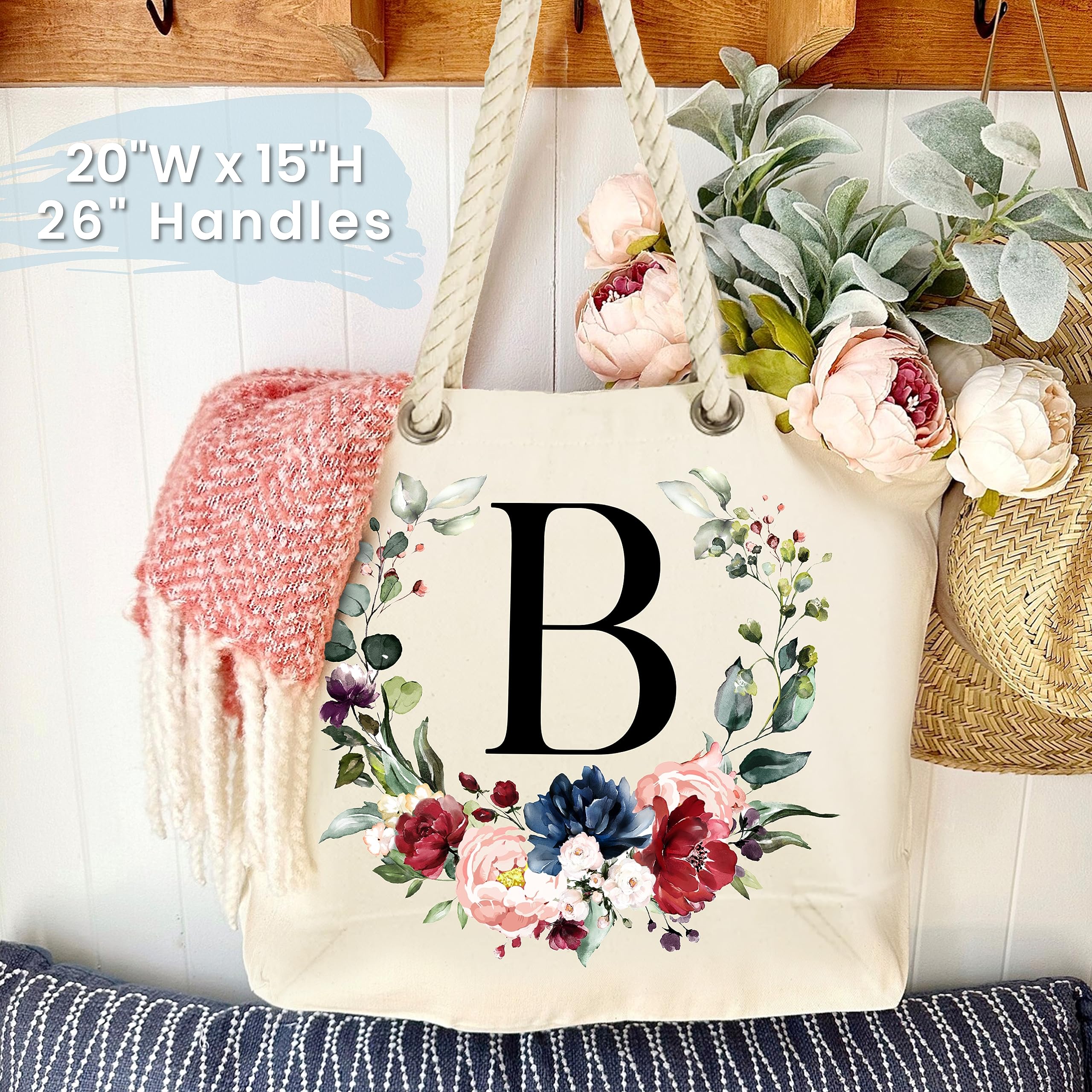 Custom Monogrammed Floral Initial Cotton Canvas Beach Tote Bag - Personalized Bridesmaid Gift for Wedding, Vacation & Summer Outings