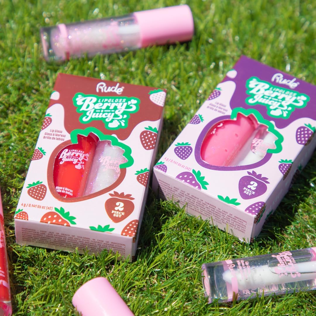 RUDE Cosmetics Berry Juicy Lip Gloss Set - High Shine Moisturizing Lipgloss for Day & Night Makeup