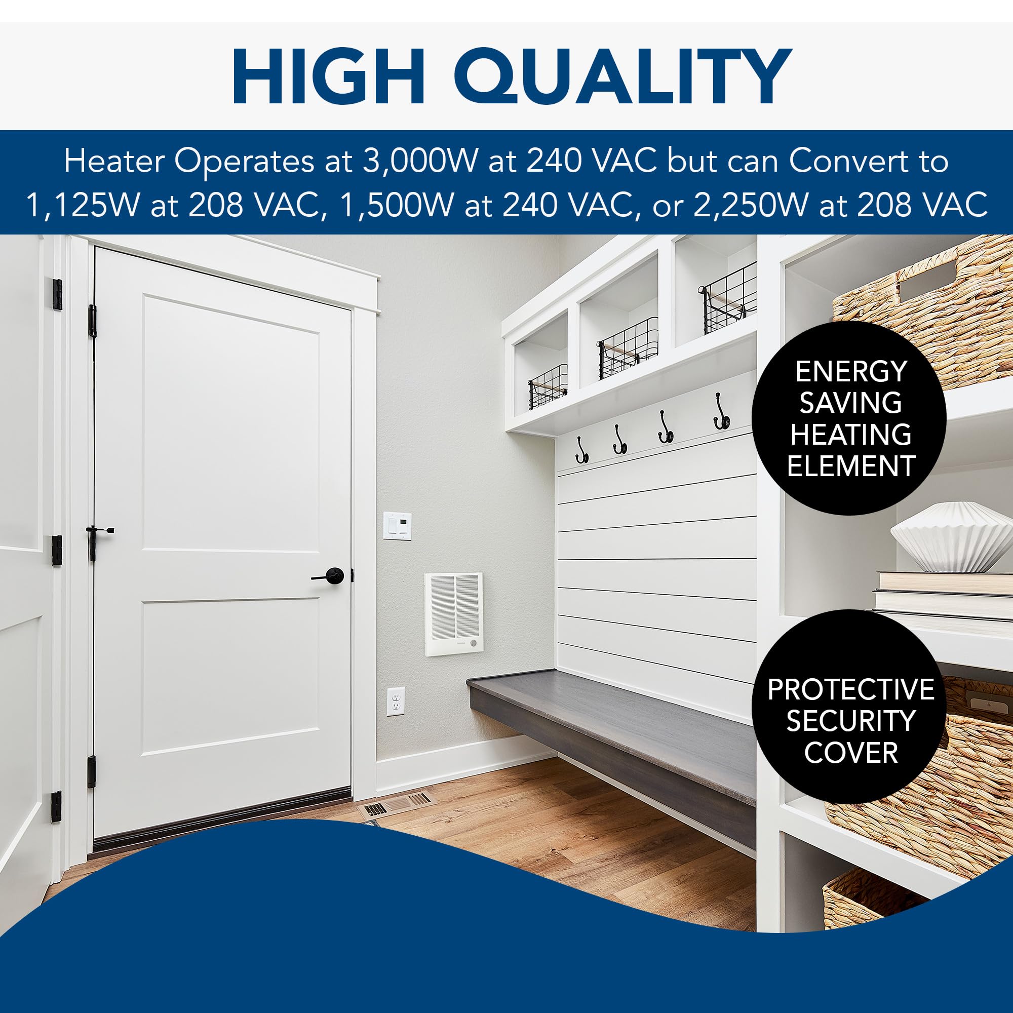 Broan-NuTone 194 High Capacity Wall Heater 3000/1500W 240V - White Painted Grille - Covers 300 Sq.Ft - Perfect for Bathrooms, Garages & Basements