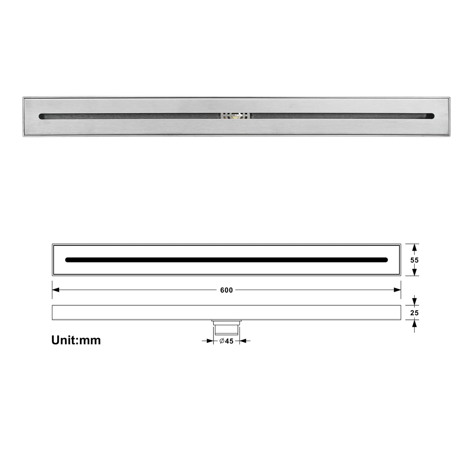 Stainless Steel Linear Shower Drain 600x55mm with Removable Grate & Hair Strainer - High Capacity Rectangular Floor Drain in Brushed Nickel Finish for Modern Bathroom & Wet Room Drainage Solutions