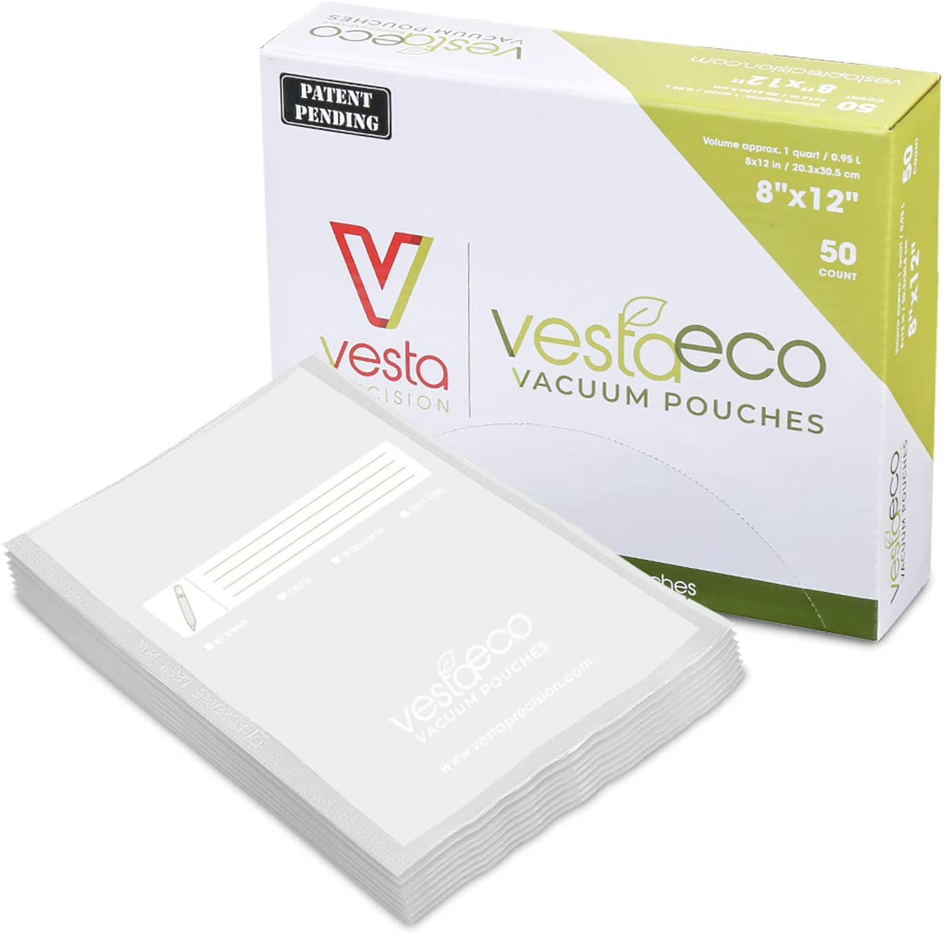 VestaEco Chamber Machine Vacuum Pouches - Certified Commercially Compostable Flat Clear Vacuum Sealer Bags for Food Storage, Sous Vide, Meal Prep & Freezer Organization - 8x12 Inches (50 Bags/Box) - Eco-Friendly Kitchen Essentials