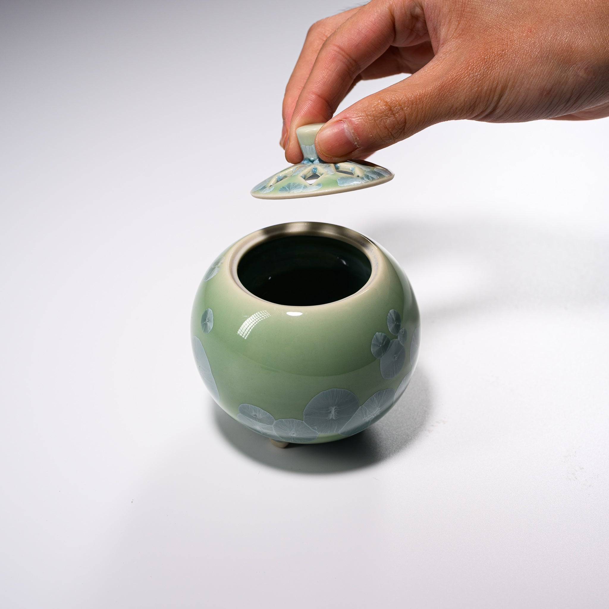Premium Kyo Kiyomizu Ware Ceramic Incense Burner - Traditional Japanese Green Flower Glaze Design for Home Meditation, Yoga & Zen Decor