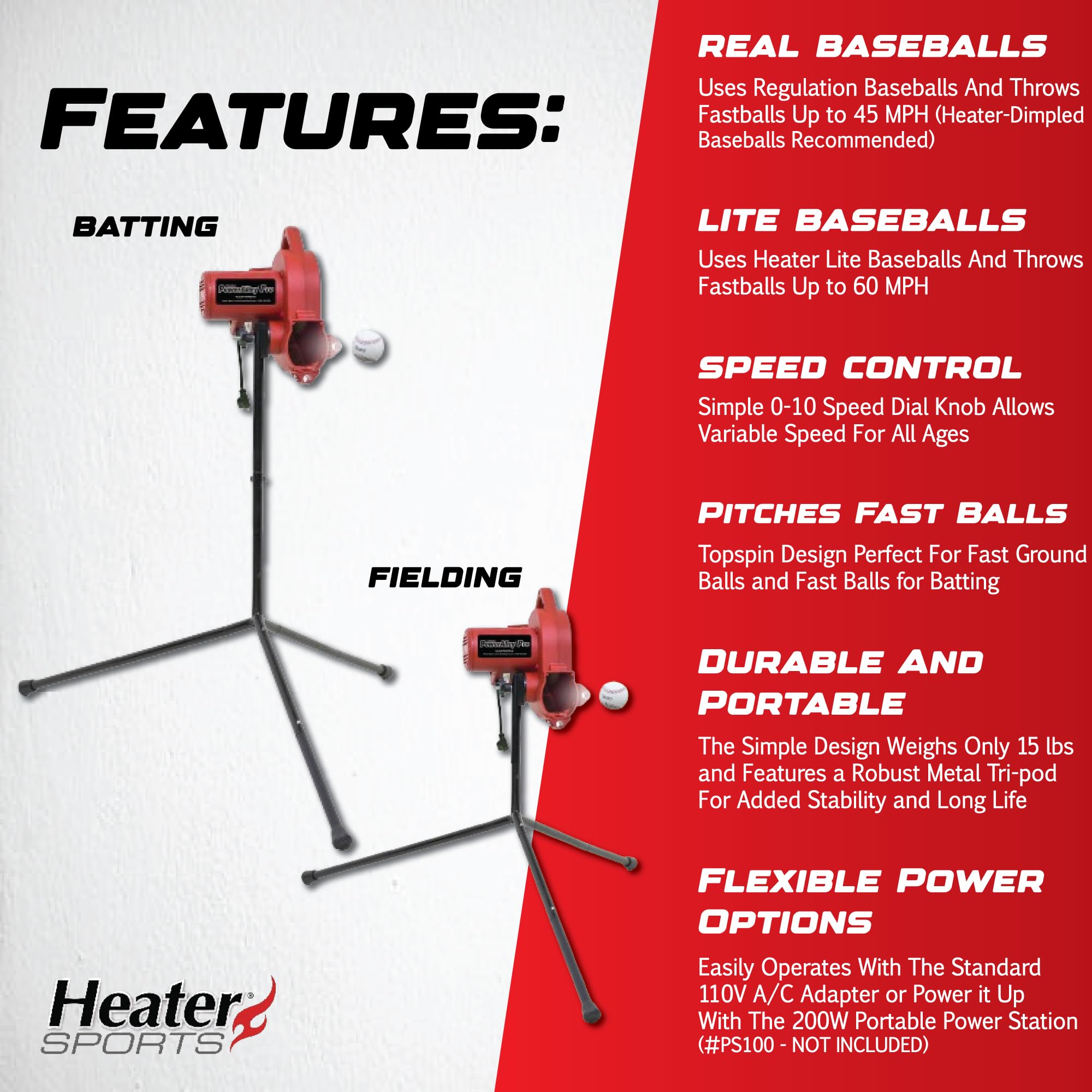 Heater Power Alley Pro Baseball Pitching Machine - Adjustable Speed Up to 45 MPH, Portable Baseball Training Equipment for Batting, Pitching & Fielding Practice | Perfect for Backyard, Team Drills & Baseball Skill Development