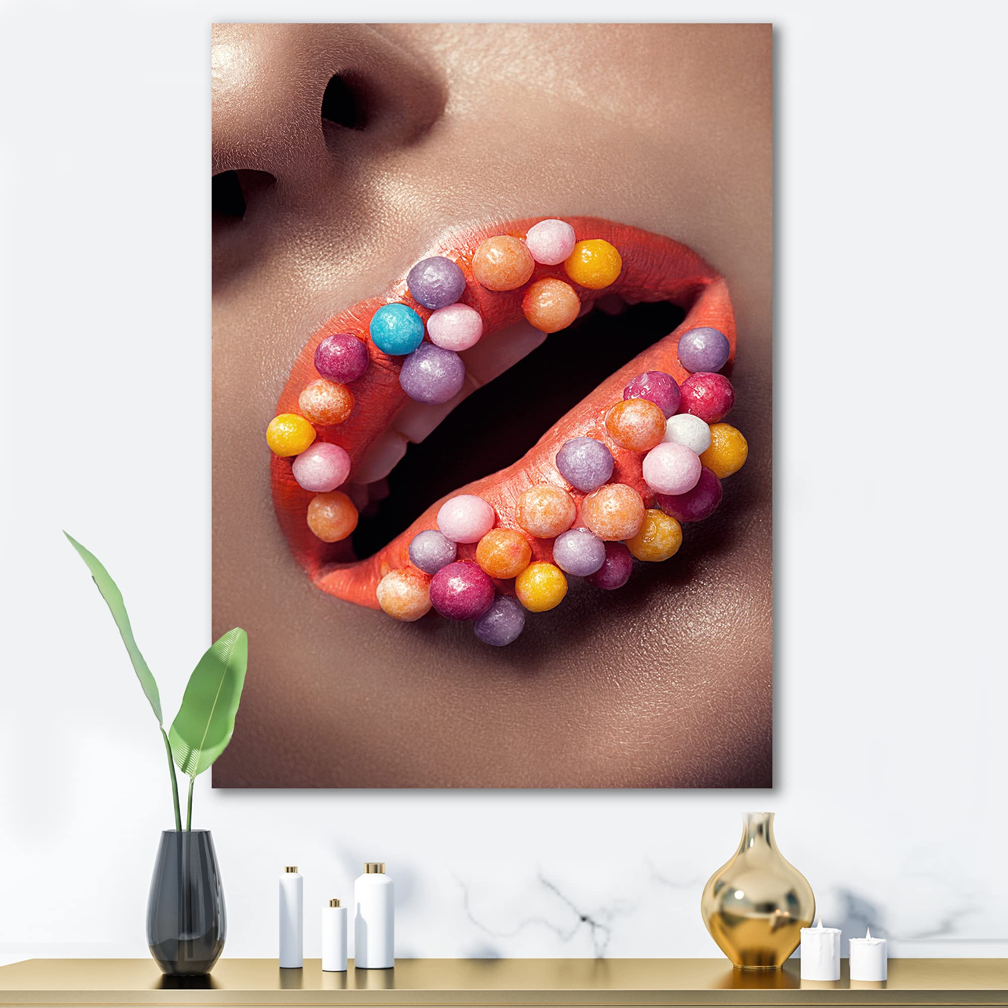 Creative Lip Makeup with Lollipops - Modern Canvas Wall Art for Living Room, Bedroom & Office Decor