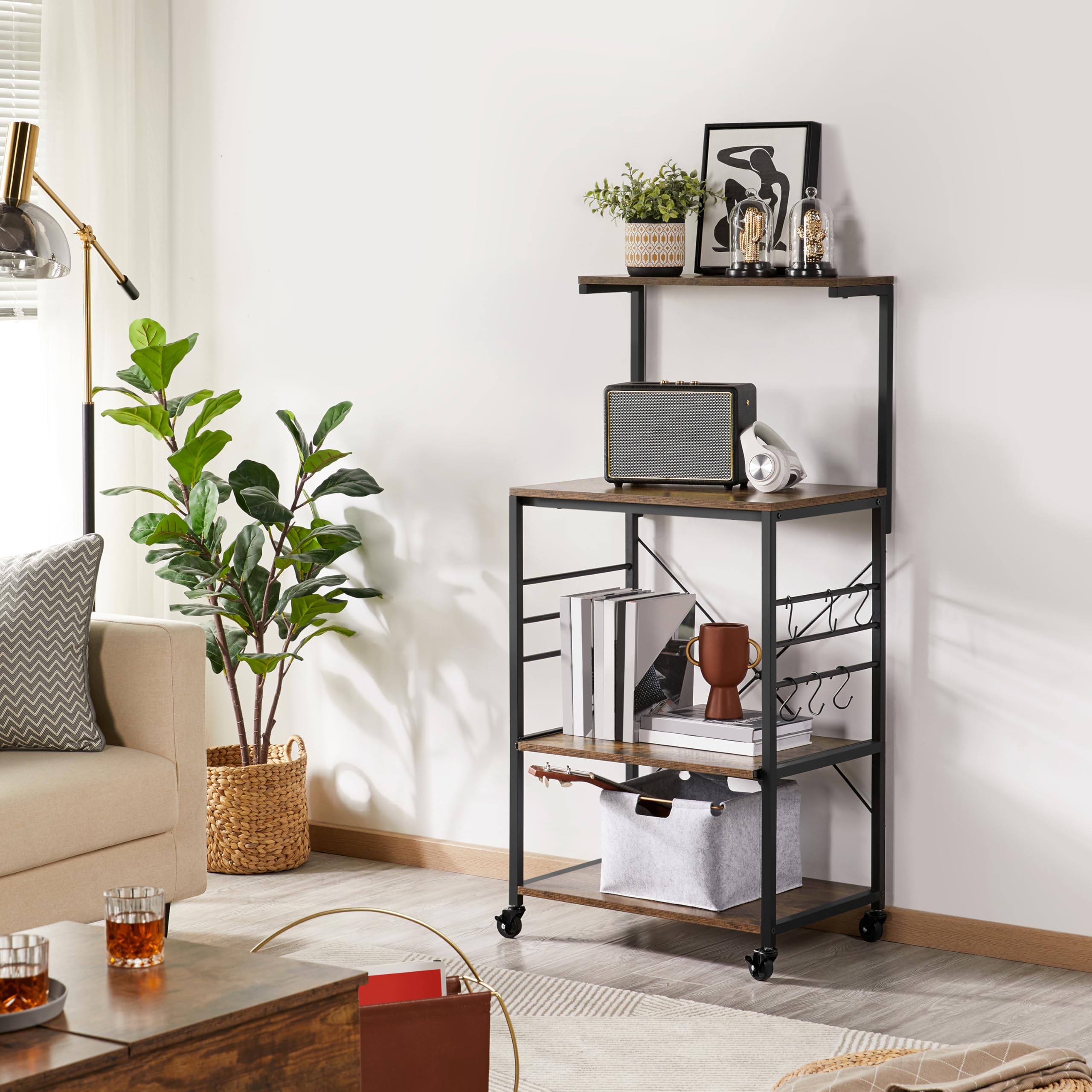 Yaheetech 3-Tier Bakers Rack with Wheels - Microwave Stand, Coffee Bar Cart with 6 Hooks & Sliding Shelf - Rustic Brown Kitchen Utility Storage Cart with Spice Rack - Perfect for Small Kitchens, Dining Rooms & Coffee Stations
