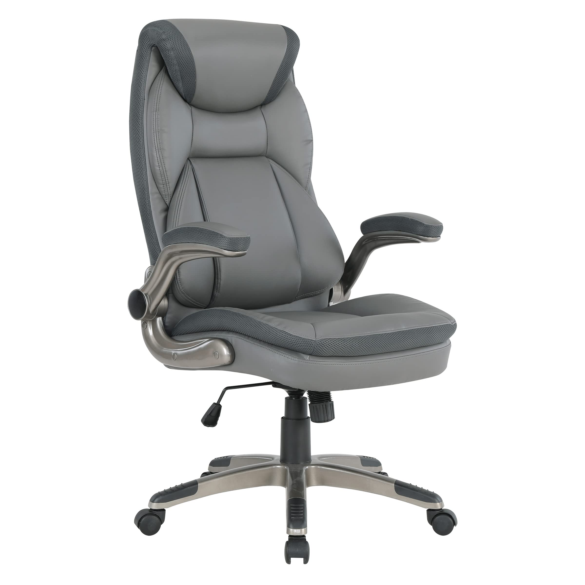 Office Star ECH Series Executive Bonded Leather Office Chair with Lumbar Support & Adjustable Arms - Charcoal with Titanium Base - Ergonomic Desk Chair for Home Office & Workspace