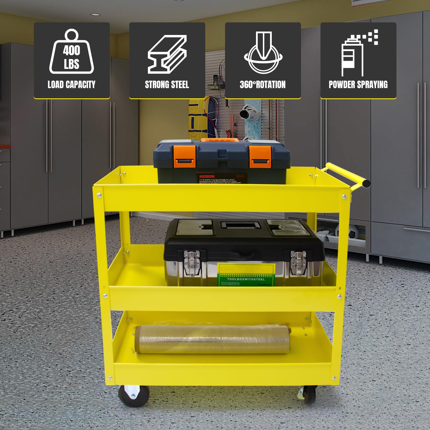 30in Large Steel Service Cart with Wheels - Heavy Duty 3-Tier Metal Utility Cart - 400 lbs Capacity Rolling Tool Cart for Workshop, Garage & Industrial Use - Yellow