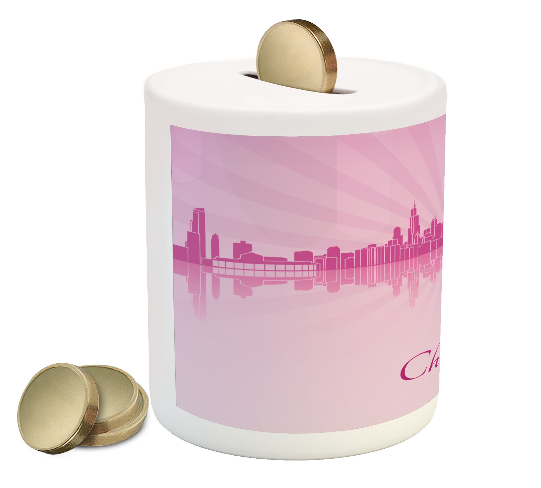 Ambesonne Chicago Skyline Ceramic Piggy Bank - USA Cityscape Money Box with Soft Tone Urban Illustration for Cash Savings (Pale Pink Fuchsia) | Perfect Gift for Collectors, Home Decor & Kids' Savings