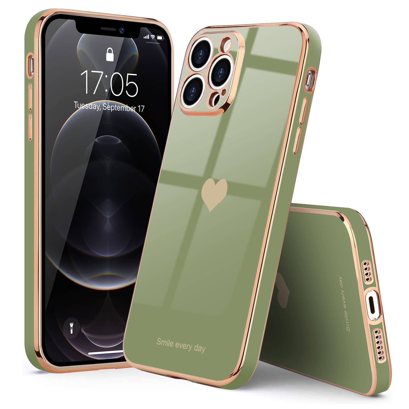Teageo iPhone 12 Pro Case for Women - Cute Heart Design Luxury Plating Soft Silicone Cover with Raised Camera Protection | Shockproof Bumper Phone Case for iPhone 12 Pro (Light Green) | Perfect Gift for Girlfriend, Wife, Daughter - Valentine's Day, Birthday, Anniversary Present
