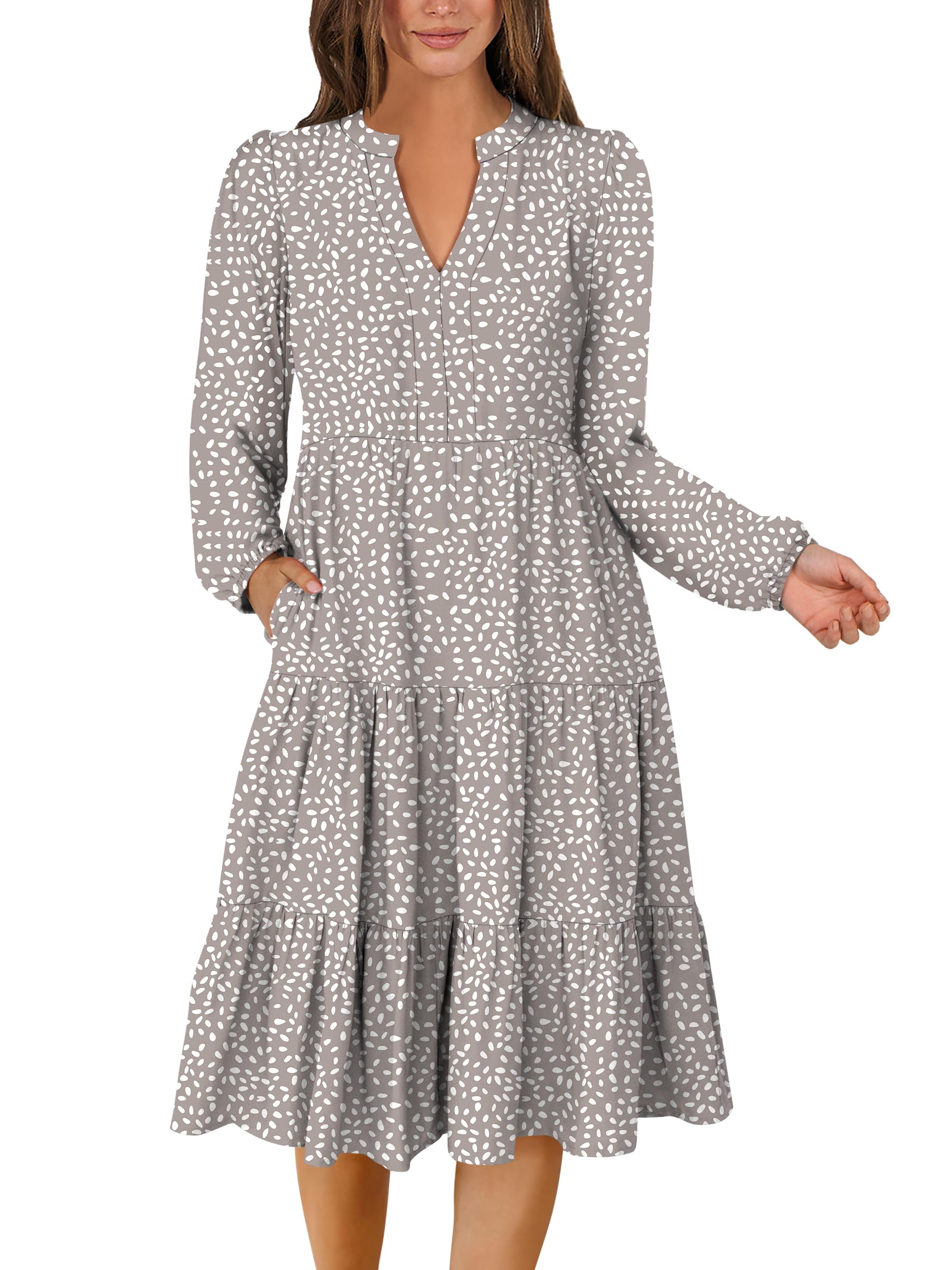 ANRABESS Women's Long Sleeve V-Neck Flowy Swing Dress - 2025 Spring Casual Loose Fit Tiered Maxi Dress for Vacation, Beach, Party & Everyday Wear