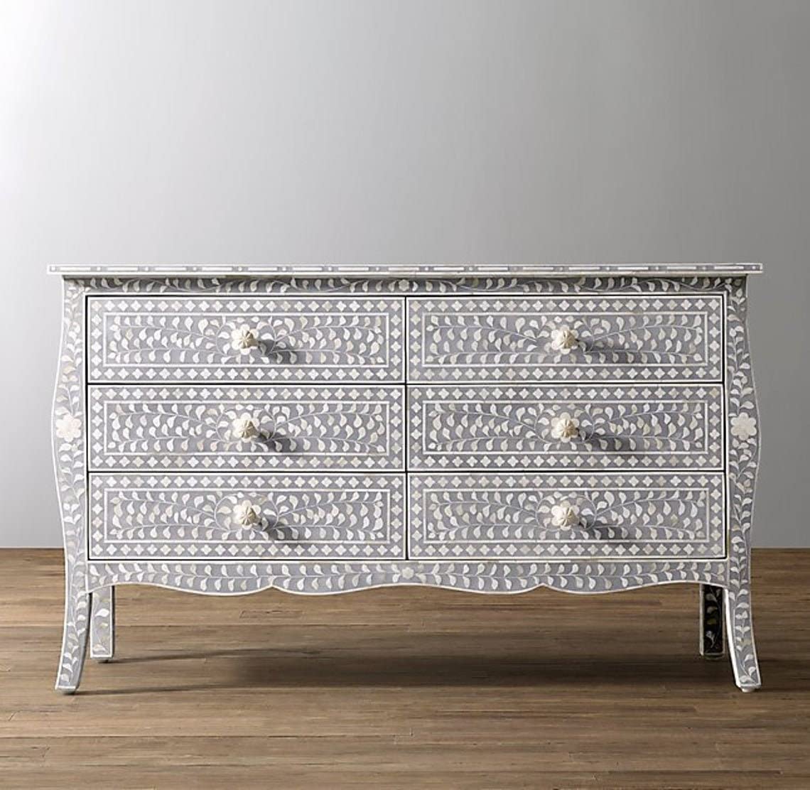 CustomHouzz Grey Floral Dresser - 6 Drawer Storage for Bedroom & Hallway