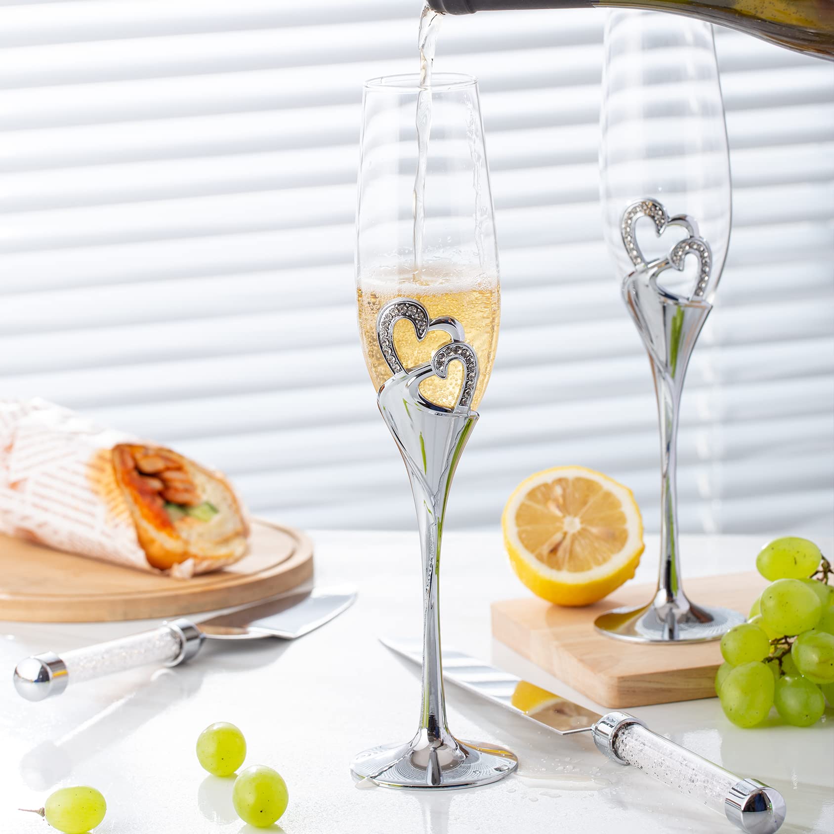 Elegant Wedding Cake Knife and Server Set with Champagne Flutes - Premium Cake Cutting Set for Weddings, Engagements & Anniversaries - Perfect Couples Gift for Wedding Ceremonies, Receptions & Romantic Celebrations
