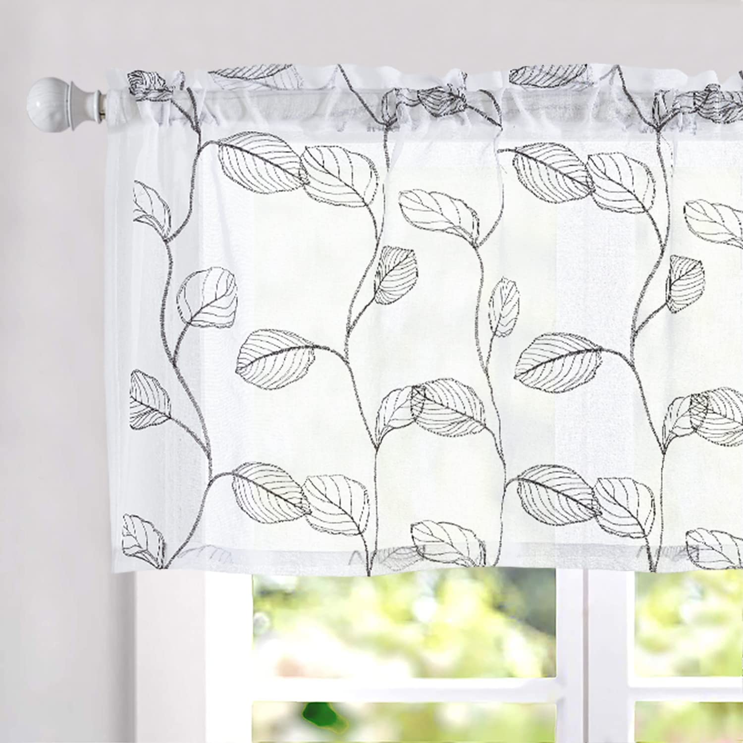 White Sheer Grey Leaf Embroidered Voile Kitchen Curtain Valance - 18 Inch Rod Pocket Farmhouse Window Treatment for Kitchen, Living Room & Bedroom