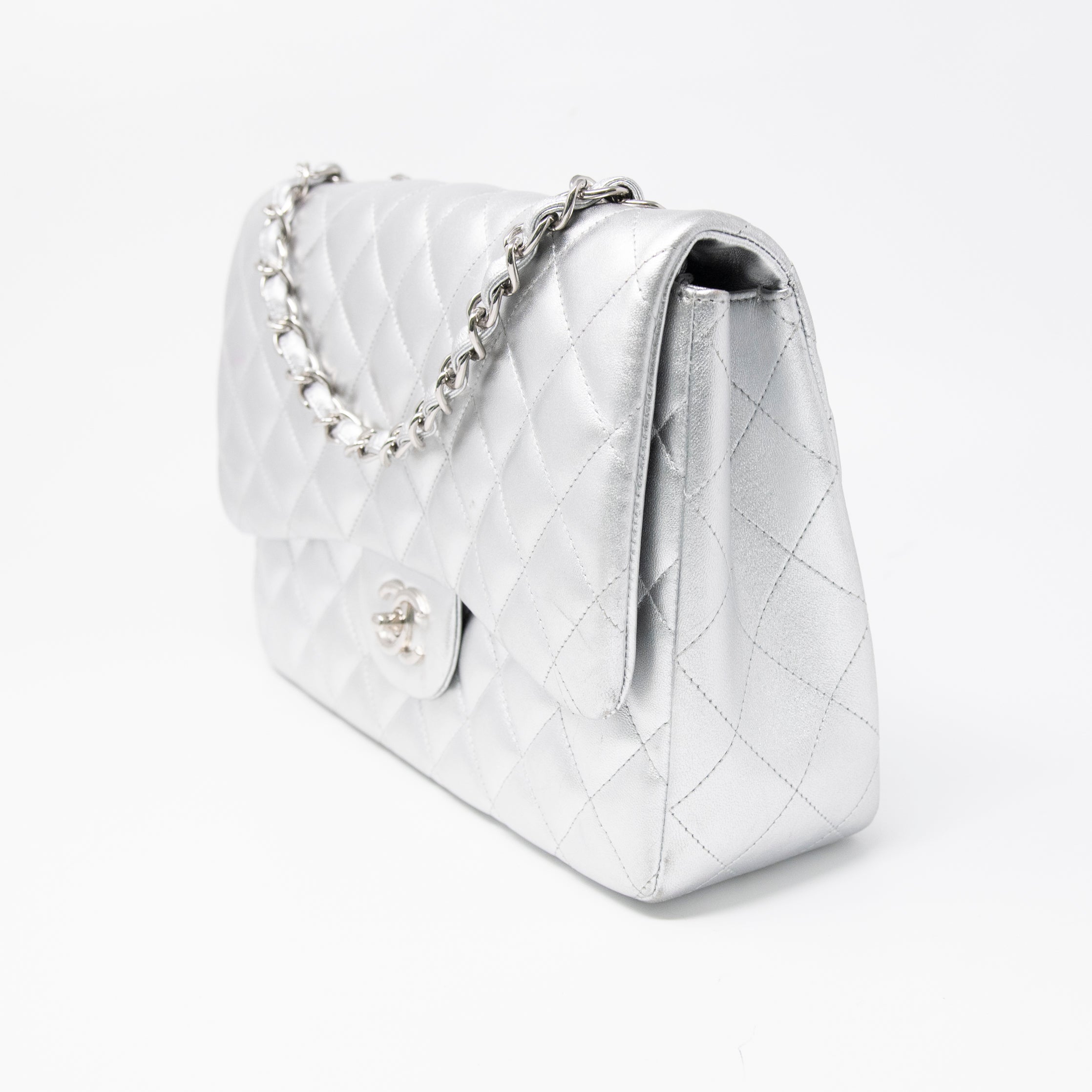 Chanel Metallic Silver Jumbo Flap Bag - Luxury Designer Handbag for Women | Perfect for Evening Parties, Date Nights & Special Occasions