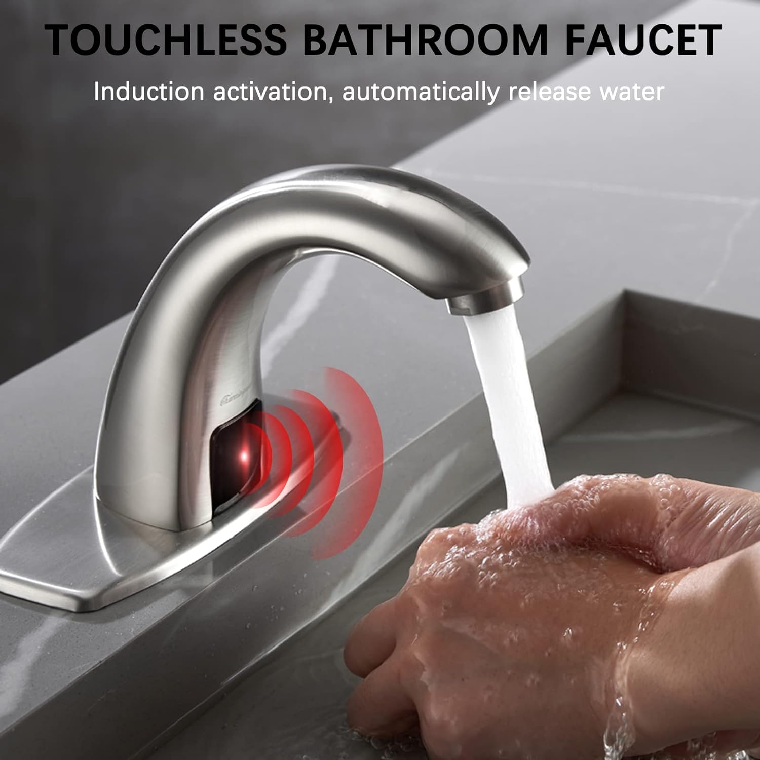 Automatic Sensor Touchless Bathroom Sink Faucet - Motion Activated Brushed Nickel Faucet with Hole Cover Plate - Ideal for Modern Homes, Public Restrooms & Water Conservation