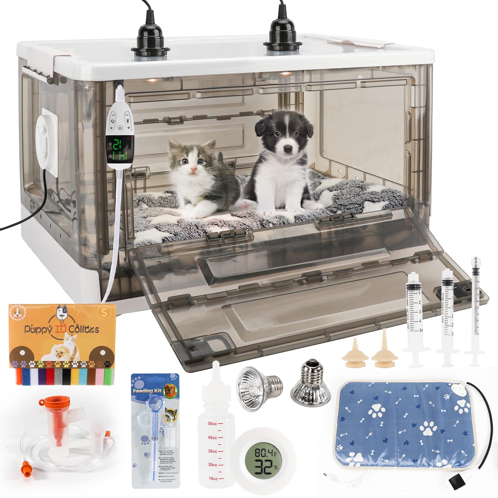 85L Puppy Incubator with Heating Mat & Fan Ventilation - Warm Pet Incubator for Newborn Puppies and Kittens - Ideal for Breeding, Veterinary Clinics, and Pet Rescue Shelters