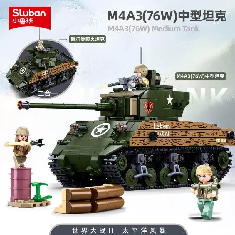 SLUBAN WW2 M4A3 Sherman Tank Building Blocks Set - Military Model Kit for Adults & Kids - Perfect for Collectors, History Enthusiasts & STEM Education - Battlefield Display & Gift Idea