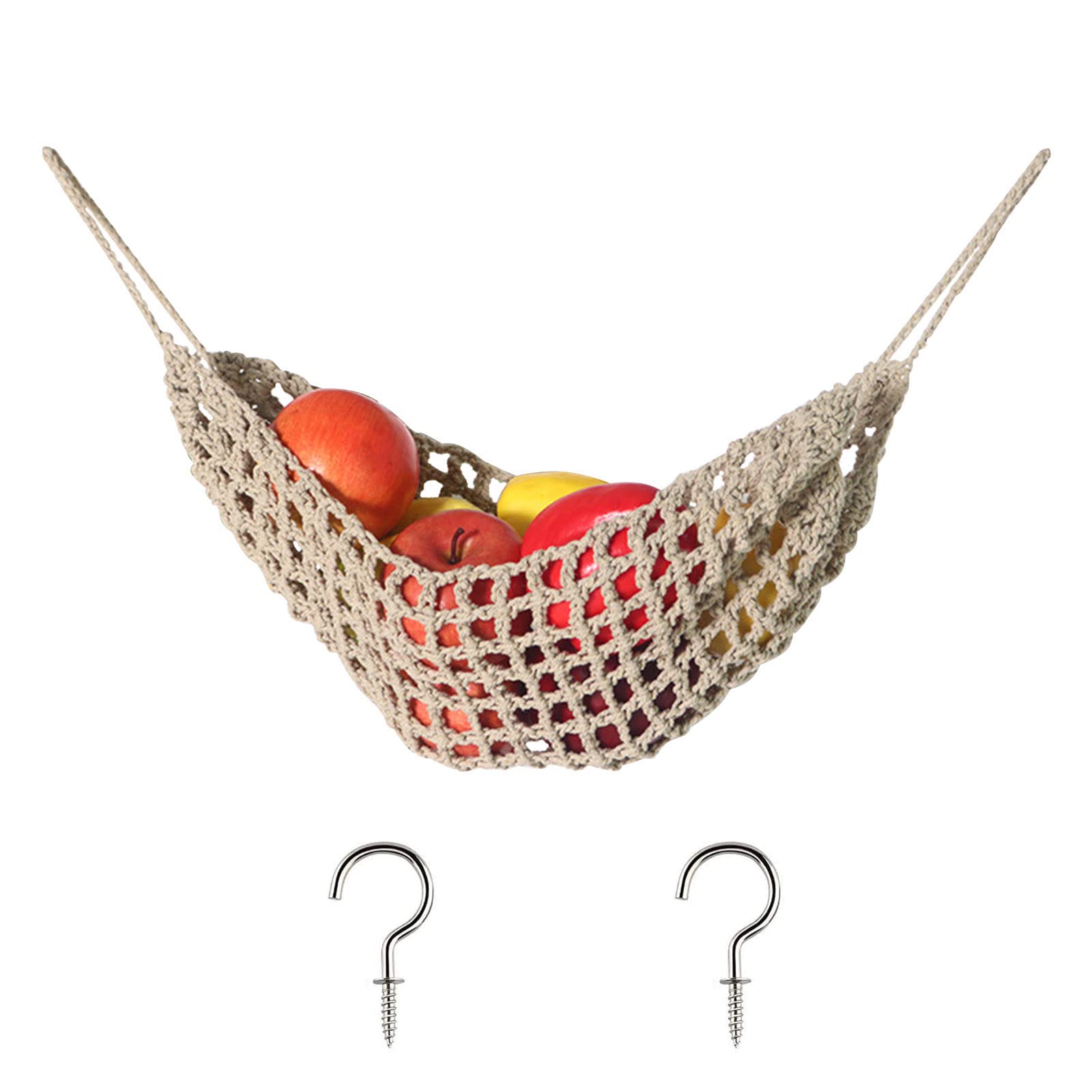 Handmade Macrame Cotton Fruit & Vegetable Hammock - Under Cabinet Storage Net with Hooks for Kitchen, Pantry - Space Saving Produce Organizer for Bananas, Apples, Onions | Perfect for Small Kitchens & Apartment Living