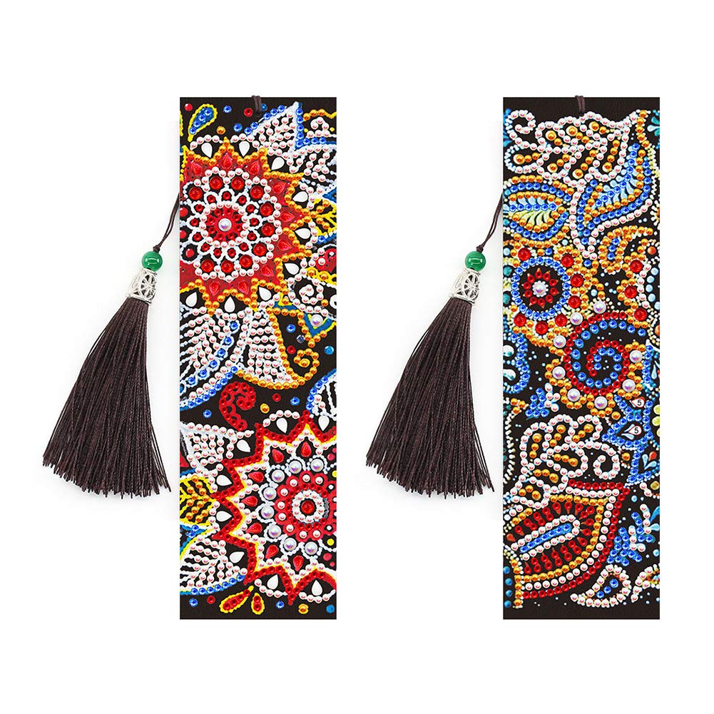2 Pack 5D Diamond Painting Bookmarks DIY Beaded Mandala Bookmarks with Leather Tassel - Perfect for Birthday, Christmas, Thanksgiving, Graduation Gifts - Great for School Arts & Crafts Projects (White) - Ideal for Book Lovers, Reading Accessories & Handmade Decorations
