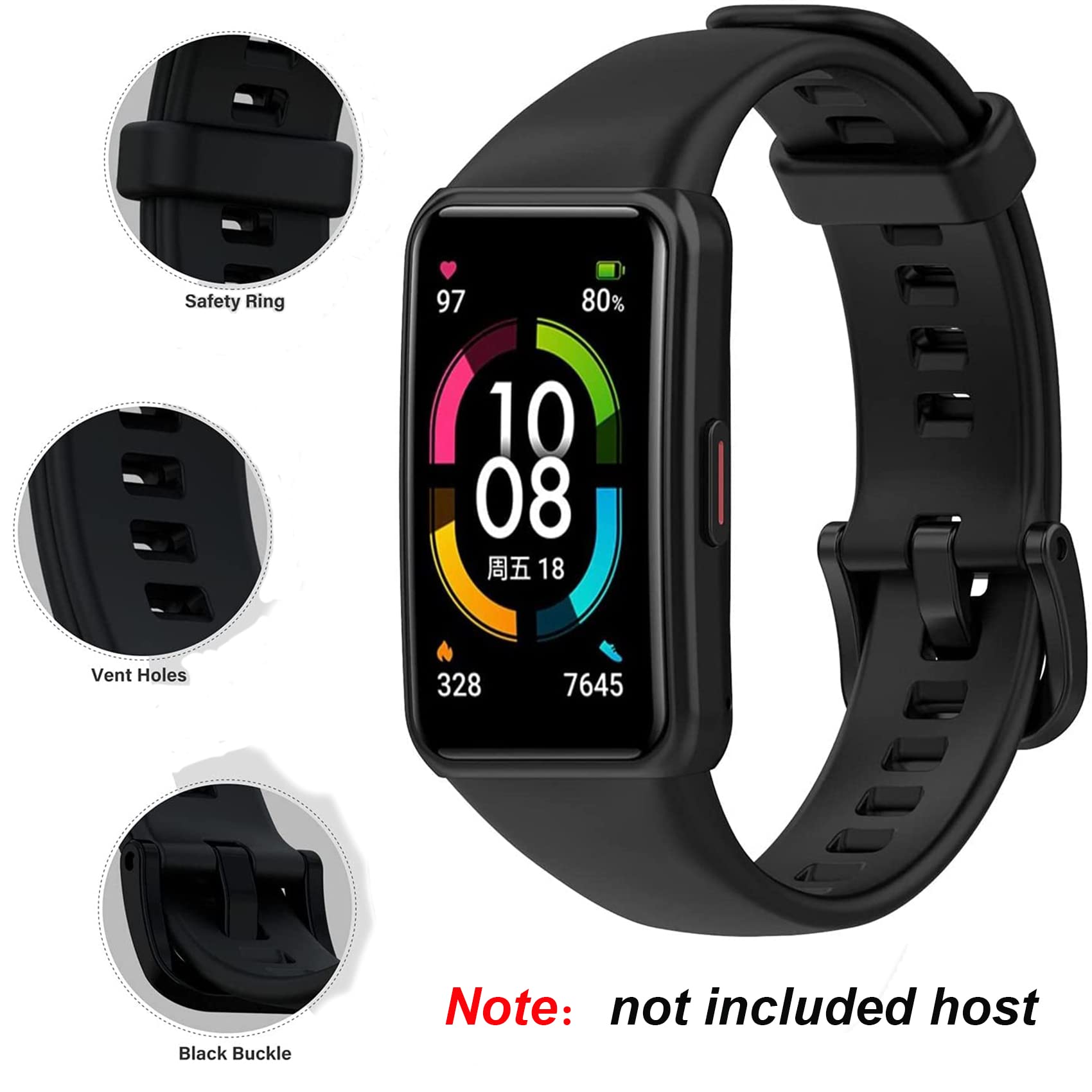 Premium Soft Silicone Replacement Strap for Huawei Band 7/6 & Honor Band 6 - Comfortable Wristband Bracelet for Fitness Tracking (Black) | Ideal for Workouts, Running & Daily Activity Monitoring
