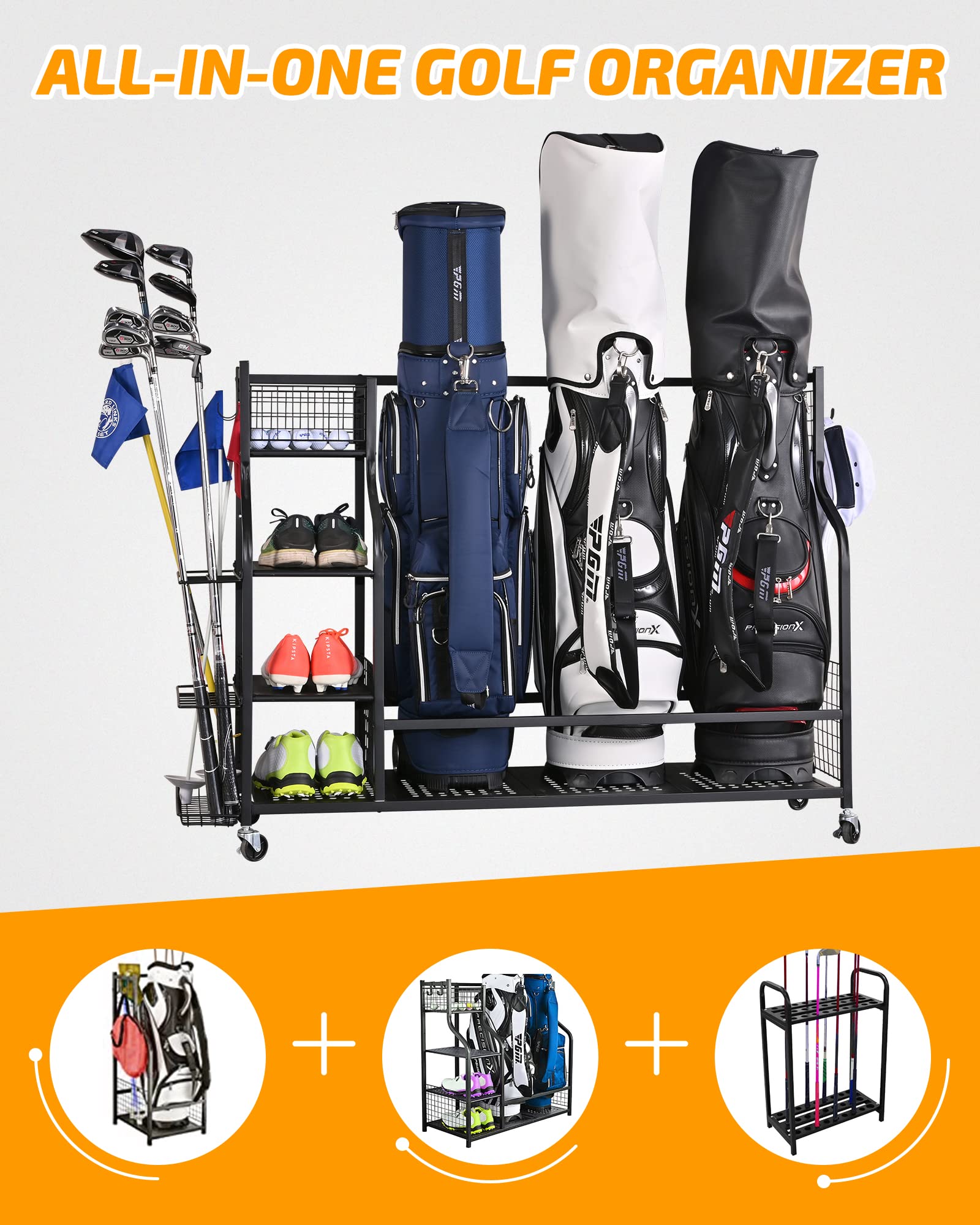 PLKOW Extra Large Golf Bag Storage Stand & Equipment Rack - Heavy Duty Golf Club Organizer for Garage, Shed, Basement | Perfect for Storing Golf Bags, Clubs & Accessories in Home or Outdoor Spaces