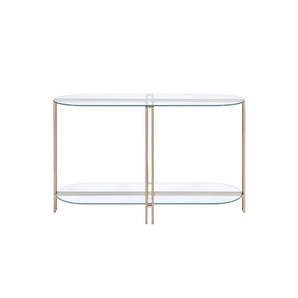 Acme Veises Oval Glass Top Sofa Table with Metal Frame & Glass Shelf - Gold & Champagne Finish - Perfect for Living Room, Entryway or Bedroom Decor