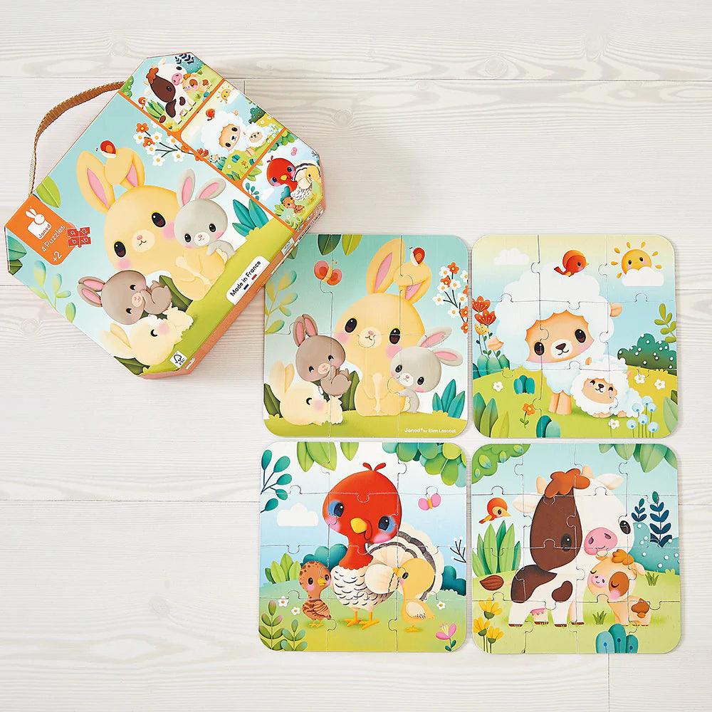 Janod Progressive Farm Animal Jigsaw Puzzles for Kids - 6, 9, 12 & 16 Piece Wooden Toddler Learning Toys | Educational Puzzle Set for Preschoolers, Classroom & Homeschool Activities