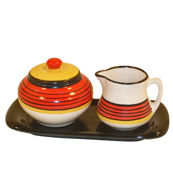 Vintage Carousel Pattern Sugar and Creamer Set - Red and Yellow Ceramic Coffee Accessories for Home, Kitchen, and Cafe Use