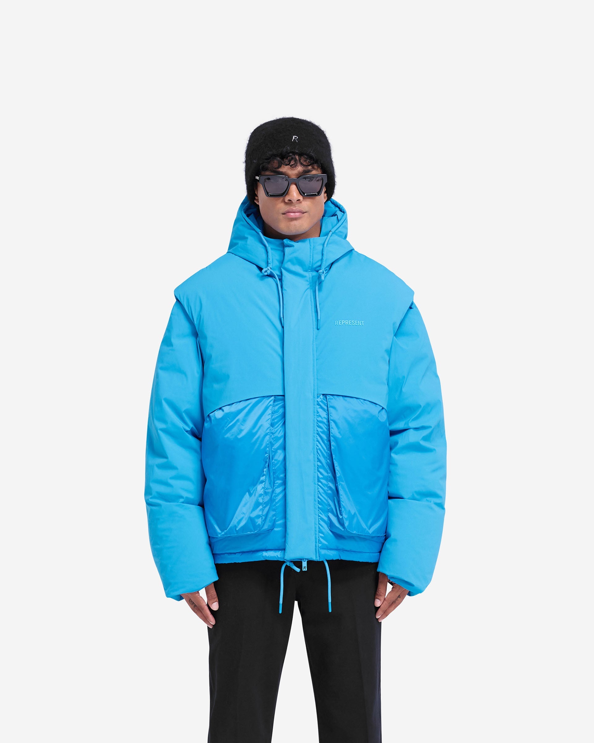 Electric Blue Layered Hooded Puffer Jacket - Women's Winter Coat for Cold Weather, Outdoor Activities & Casual Wear