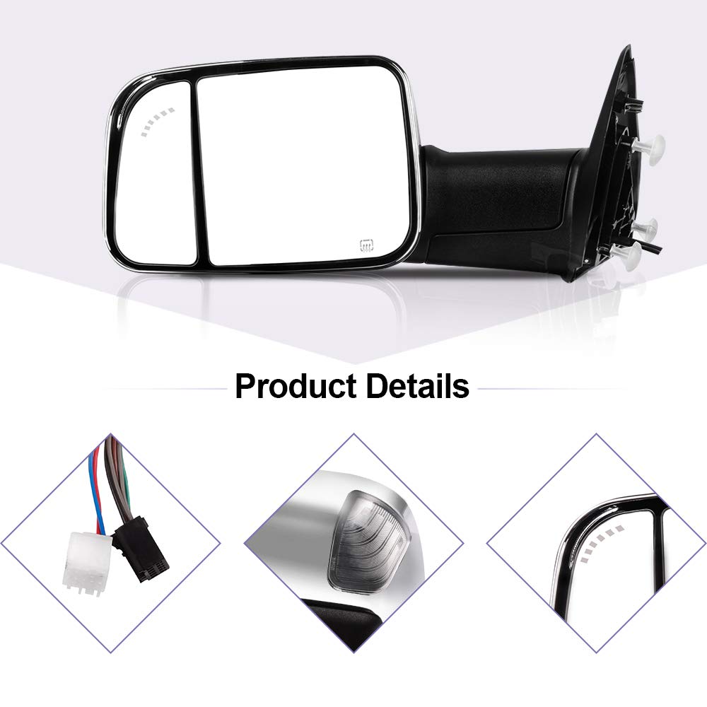 2010-2018 Dodge Ram 1500/2500/3500 Power Adjustable Heated Towing Mirrors with LED Turn Signal & Puddle Light - Chrome Side View Mirrors for Enhanced Visibility and Safety While Towing or Parking