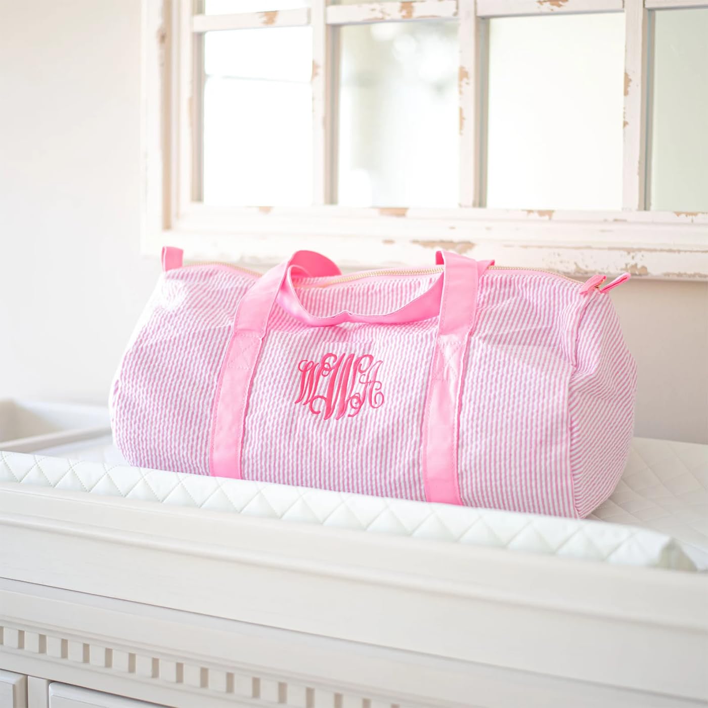 Personalized Monogram Seersucker Baby Duffle Bag - Kids Travel Bag, Toddler Diaper Bag & Overnight Dance Bag | Perfect for Daycare, Sleepovers, Dance Classes & Weekend Getaways | Unique Child Gift Idea
