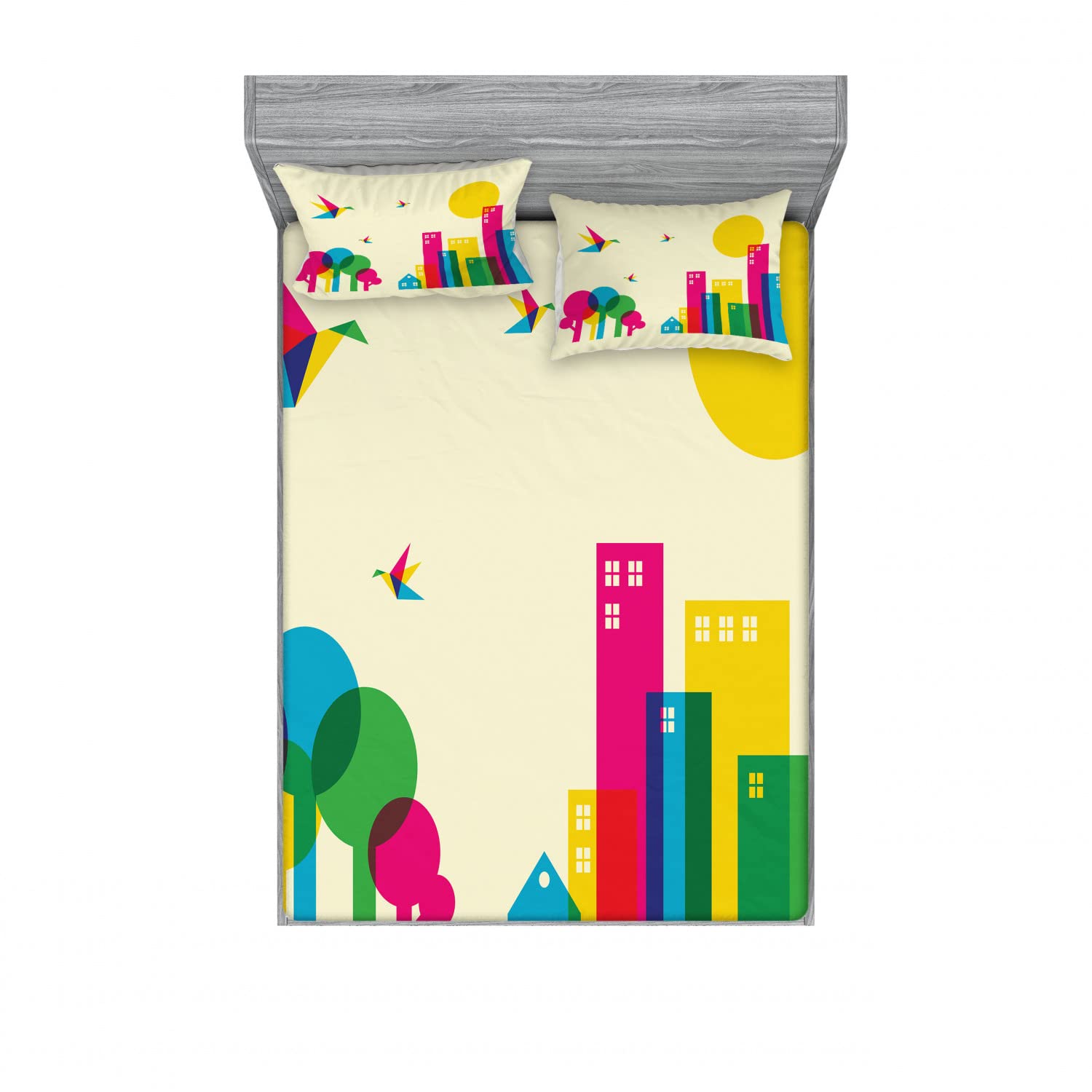 Ambesonne 2-Piece Full Size Fitted Sheet Set with 4 Pillow Shams - Vibrant Cityscape Print Bedding Collection - Multicolor Luxury Cotton Blend Sheets for Guest Rooms, Dorms & Home Decor