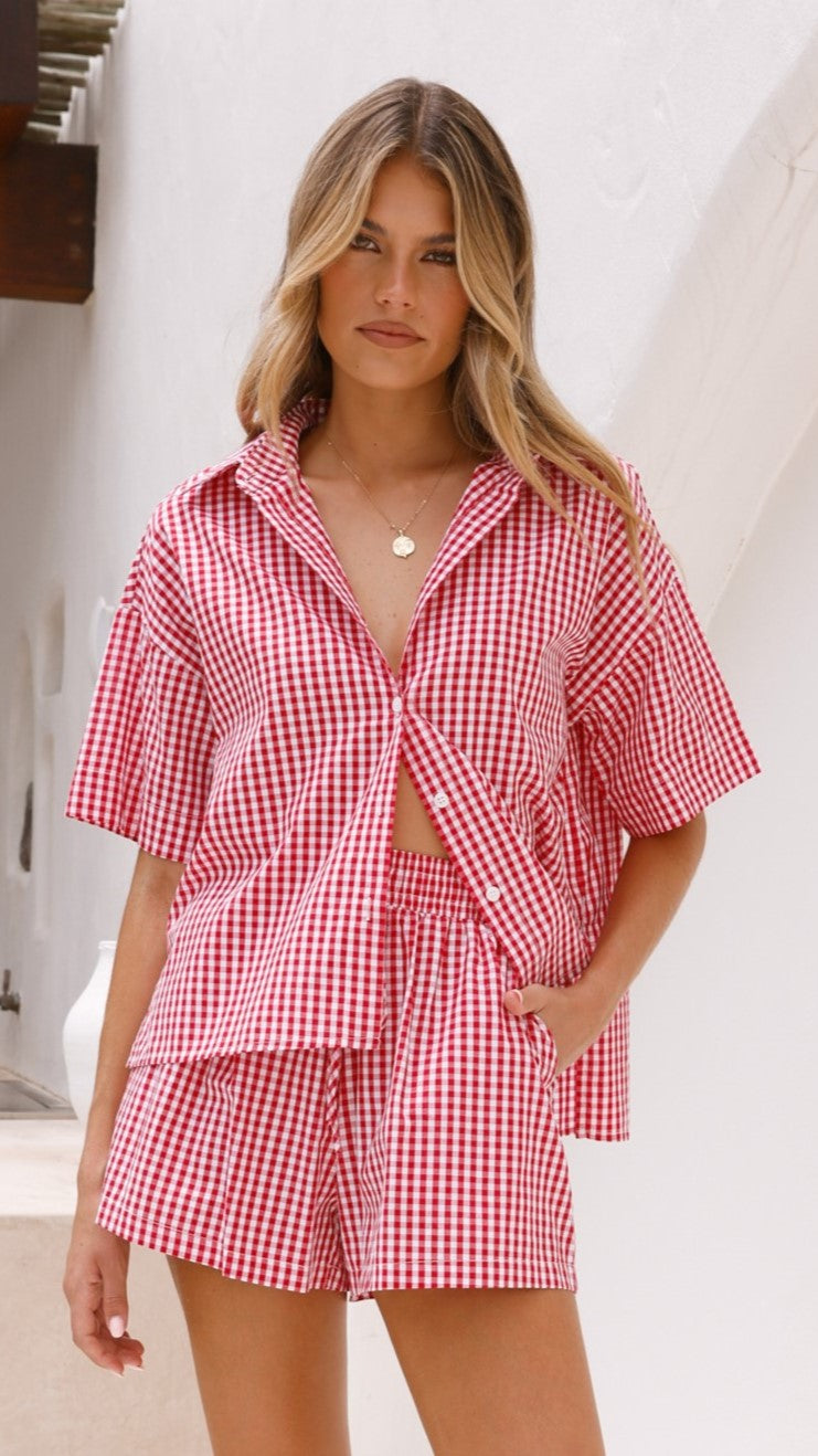 Alma Shirt - Red Gingham Checkered Button Down Shirt for Women | Casual & Office Wear | Perfect for Summer Outfits & Work Attire