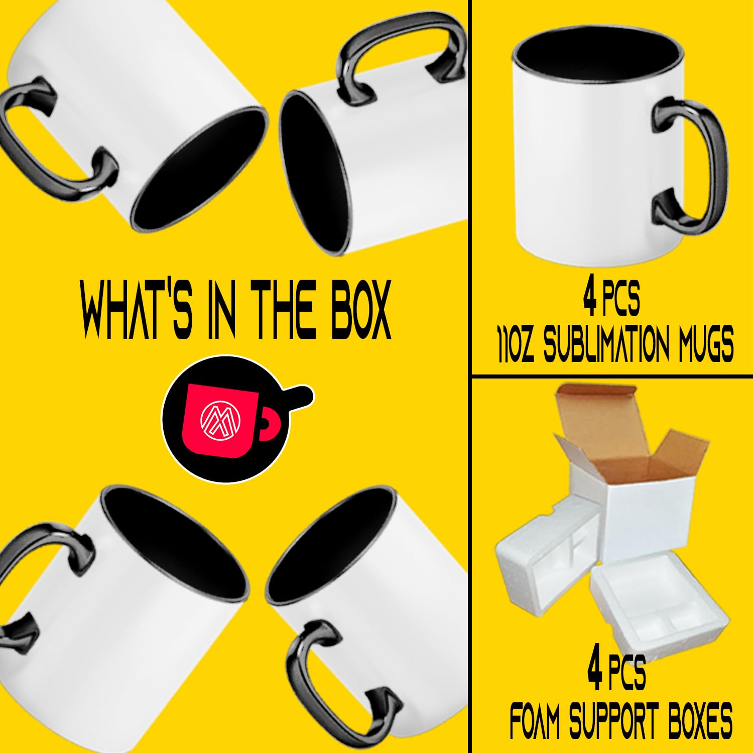 TWISTED ENVY 4-Pack 11 oz Ceramic Sublimation Mugs with Black Inner/Handle - Foam-Supported Cardboard Box - Perfect for Custom Gifts, Photo Mugs & Hot Beverages