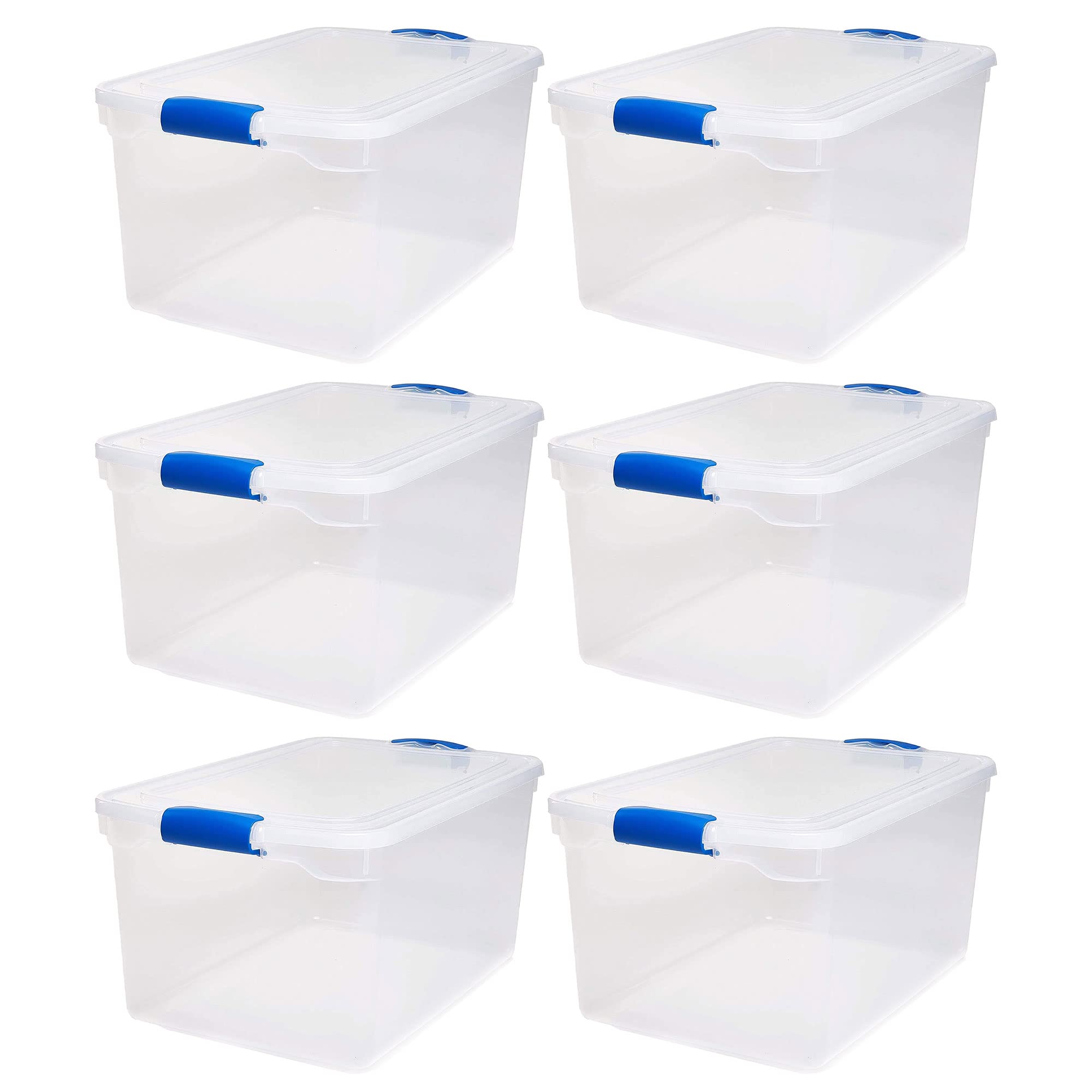 Homz Heavy Duty Modular Stackable Storage Tote Containers with Latching Lids - 66 Quart Clear Plastic Bins (6-Pack) for Home Organization, Garage Storage & Closet Organization
