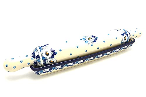 Polish Pottery Rolling Pin with Stand - Handcrafted White Poppy Design for Baking & Pastry Making - Perfect for Cookies, Pies, and Dough Preparation in Modern Kitchens