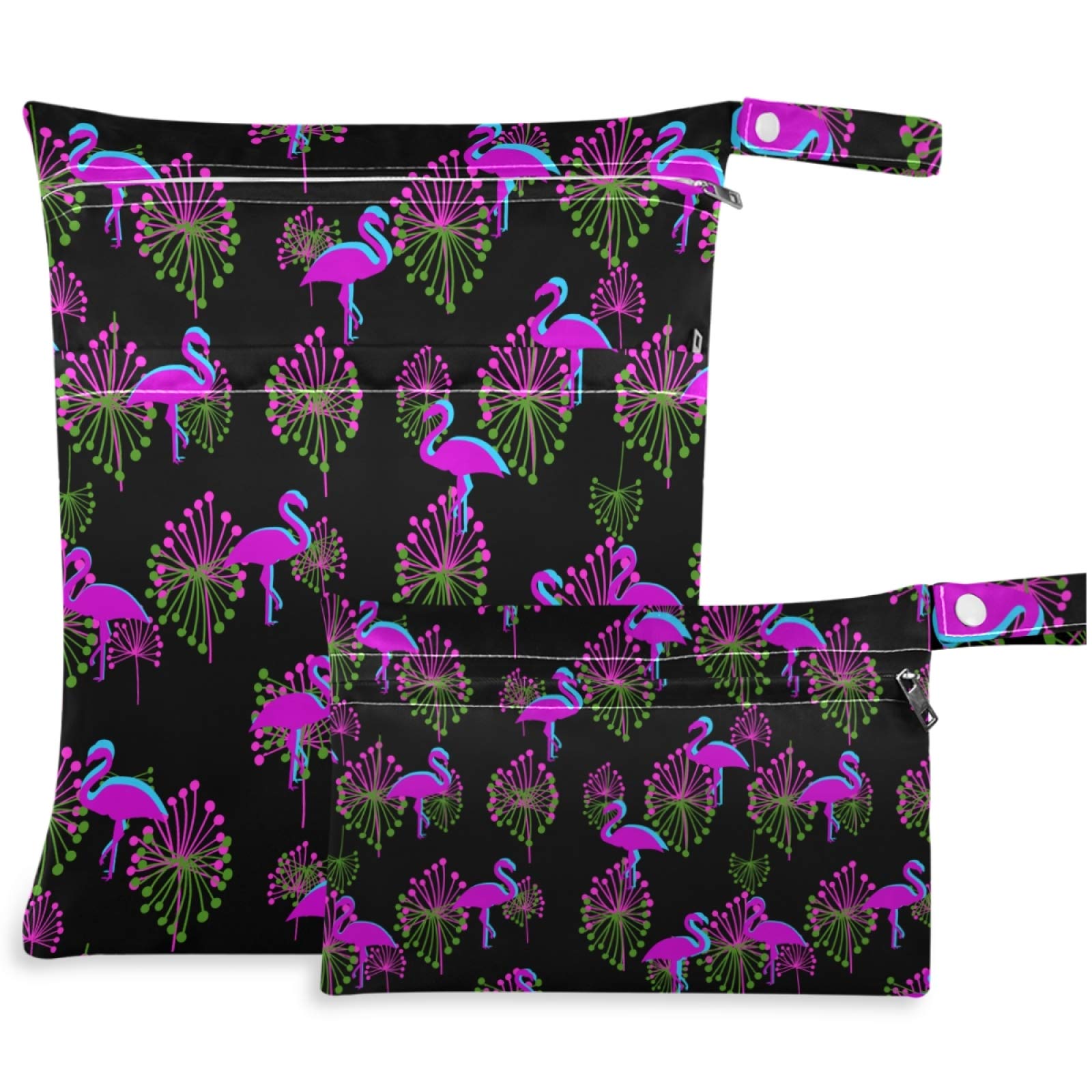 Visesunny 2-Pack Purple Flamingo Tropical Wet Bags - Reusable Waterproof Washable Storage Pouch for Swimsuits, Gym Clothes & Diapers - Perfect for Travel, Beach, Pool, Daycare & Stroller Organization