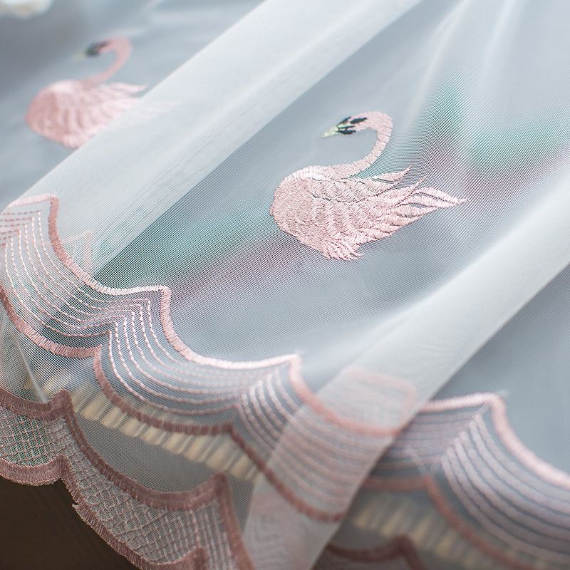Elegant White Sheer Gauze Custom Curtains with Pink Swan Design - Perfect for Bedroom, Living Room & Nursery Window Treatments