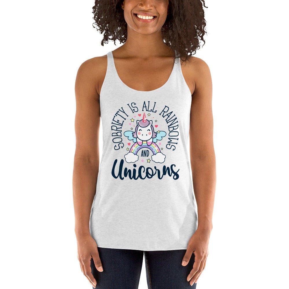 Women's Sobriety is All Rainbows and Unicorns Racerback Tank Top - Gym Workout & Casual Summer Outfit