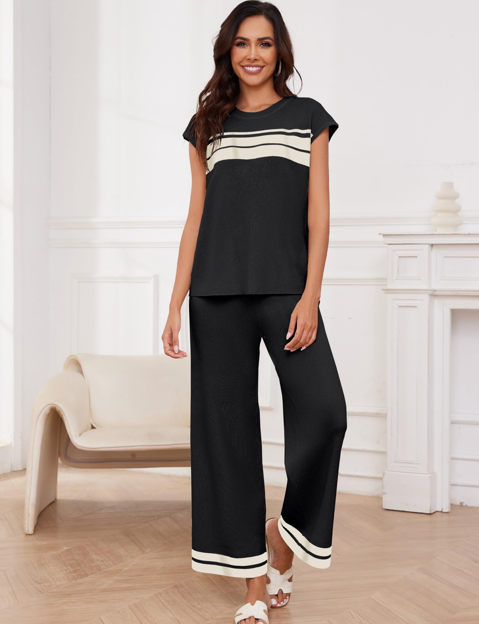 Women's 2 Piece Outfits - Sleeveless Knit Sweater Lounge Set & Jogger Pants, Soft Loungewear Tracksuit for Home, Yoga, and Casual Wear
